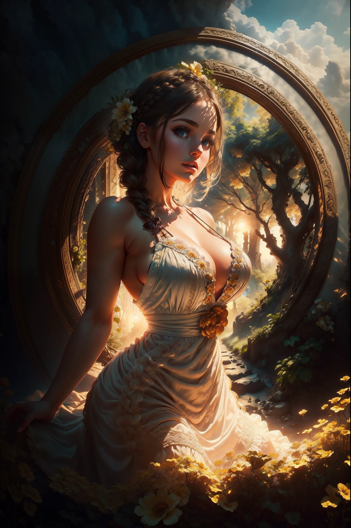 Woman, look at viewer, French braid hair , flower Halter Dress, cleavage, garden landscape design, (rim light)