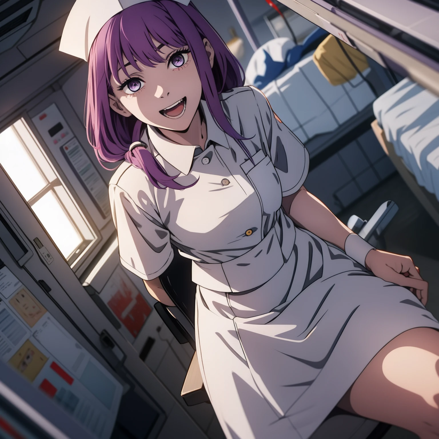 one-girl,nurses((There is a five-pointed star in the eye))Gorgeous Hair in Long Purple,Smile,Open mouth ,nurses,hospitals,White nurse clothes,White nurse hat,looki at viewer,Blood