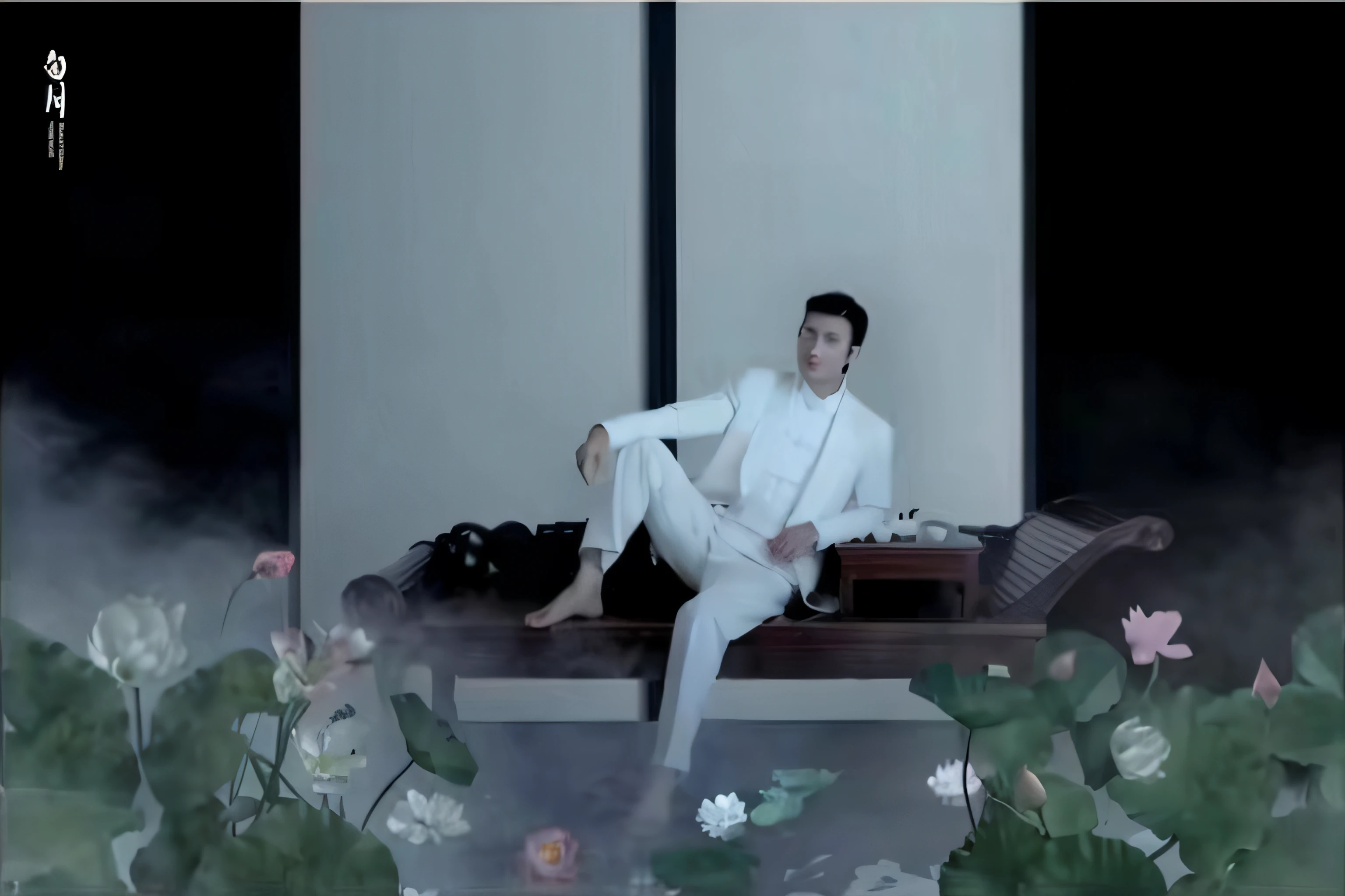 There was a man sitting on a bench in a room with flowers, Inspired by Ding Guanpeng, Inspired by Seki Dosheng, inspired by Xia Yong, inspired by Ding Yunpeng, inspired by Huang Gongwang, inspired by Wang Zhenpeng, Inspired by Xiao Yuncong, Inspired by Zhang Han, While wearing a white Business suits, inspired by Wang Ximeng