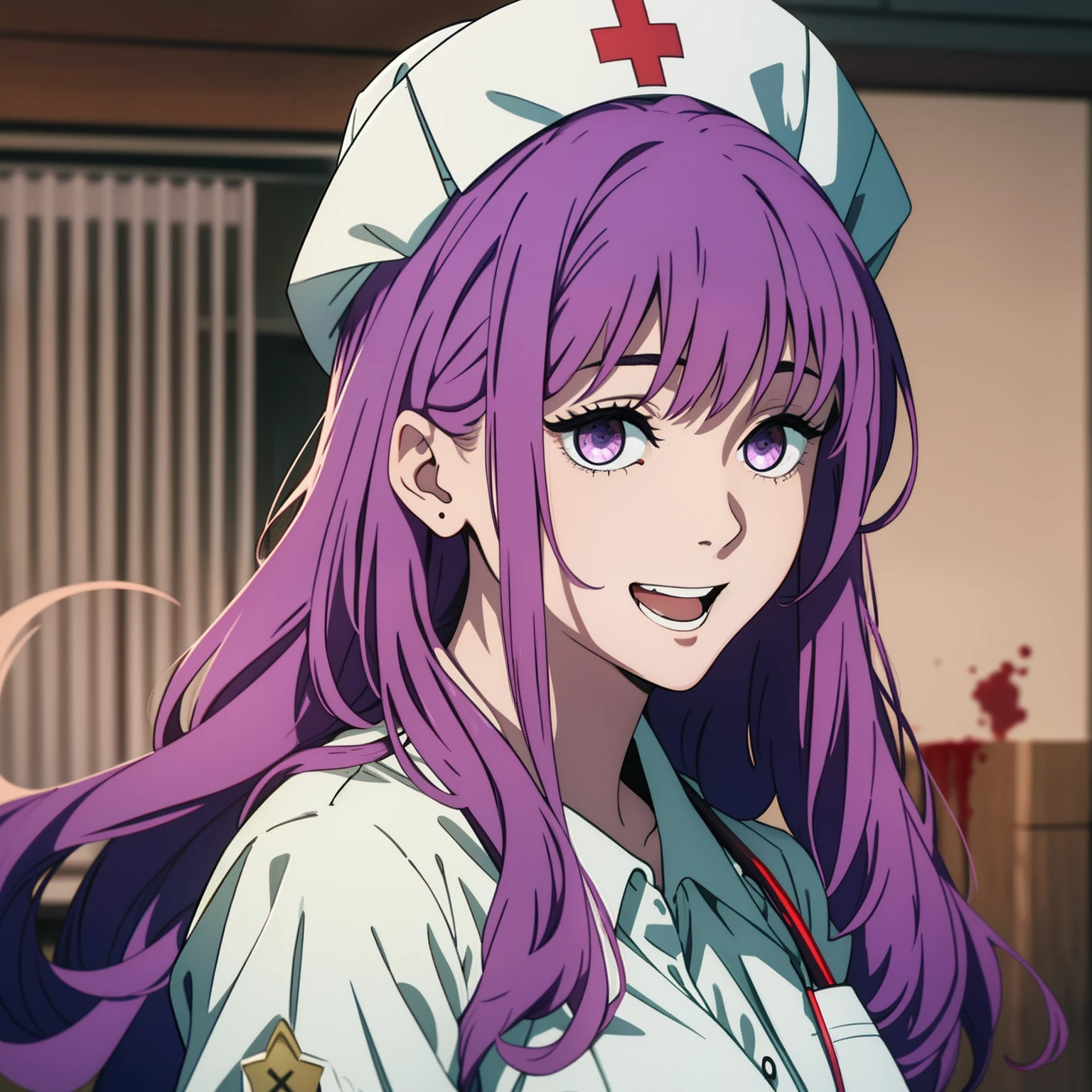 one-girl，nurses（（There is a five-pointed star in the eye））Gorgeous Hair in Long Purple，Smile，Open mouth ，nurses，hospitals，White nurse clothes，White nurse hat，looki at viewer，Blood