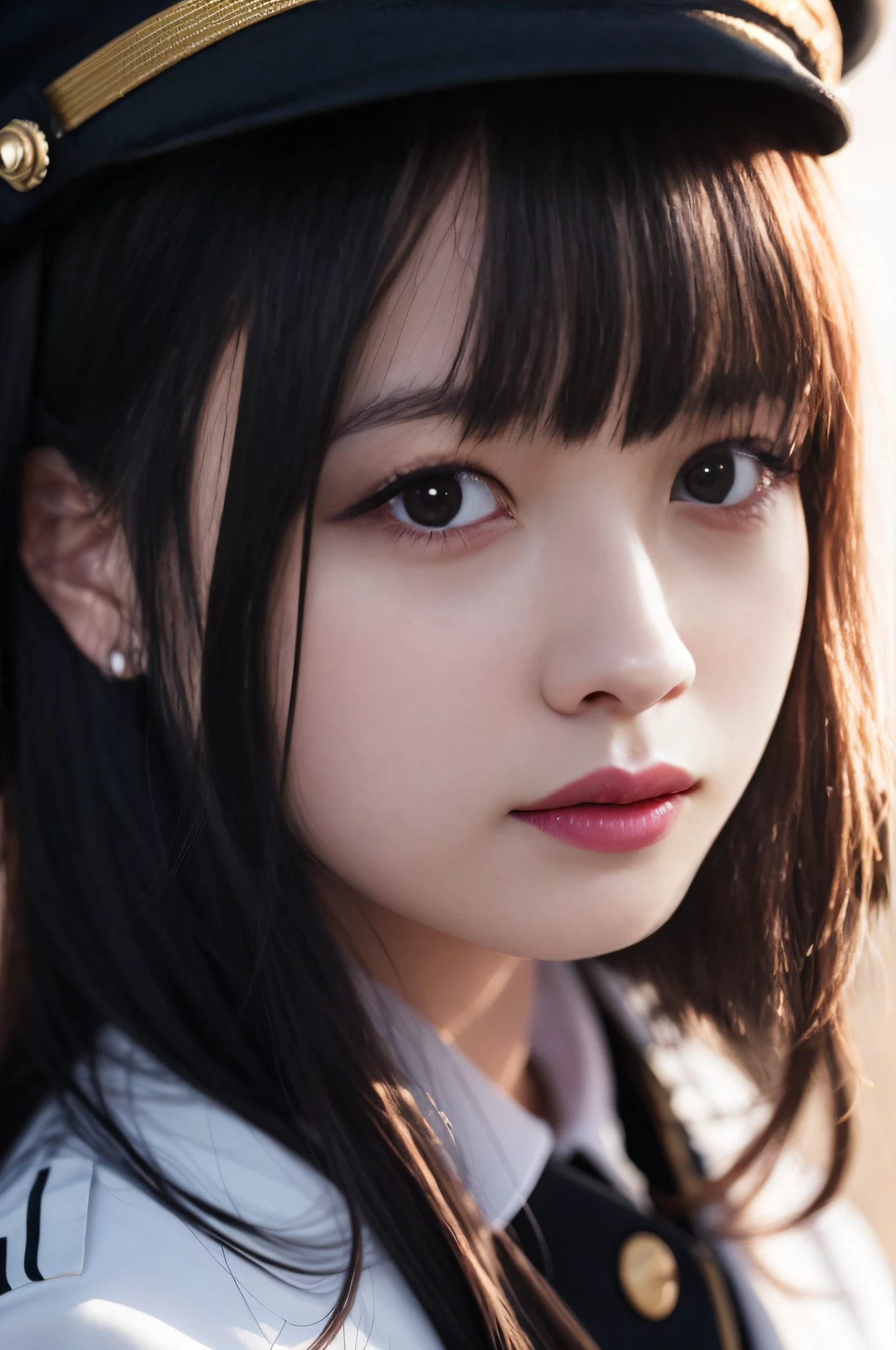 There was a woman in uniform and a hat, Kawaii realistic portrait, Realistic girl, Photorealsitic, Detailed portrait of the girl, Stunning facial portrait, Soft portrait shot 8 K, 8K portrait, Studio production,