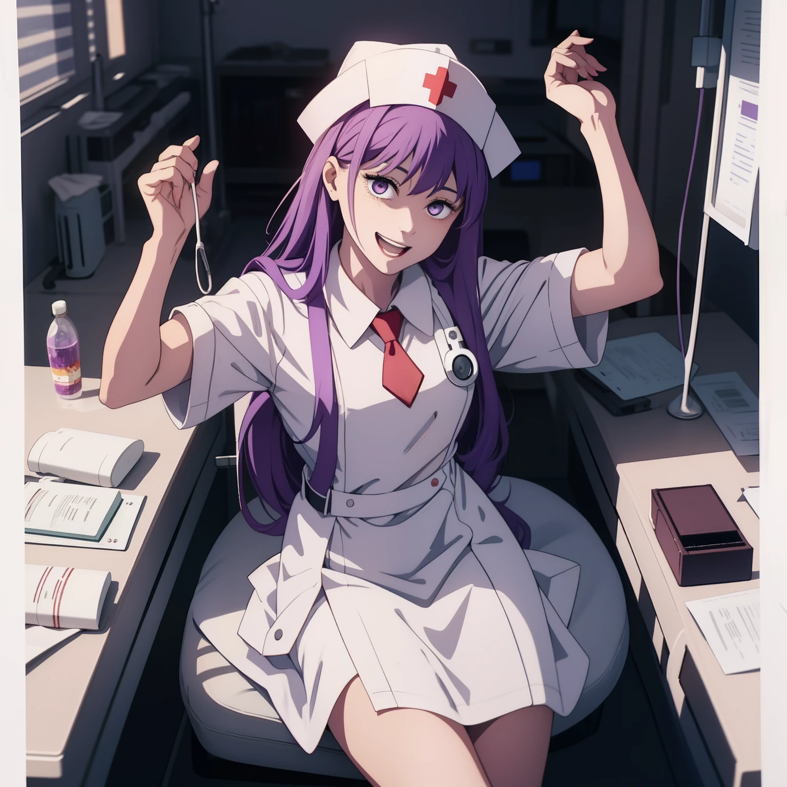 one-girl,nurses((There is a five-pointed star in the eye))Gorgeous Hair in Long Purple,Smile,Open mouth ,nurses,hospitals,White nurse clothes,White nurse hat,looki at viewer,Blood