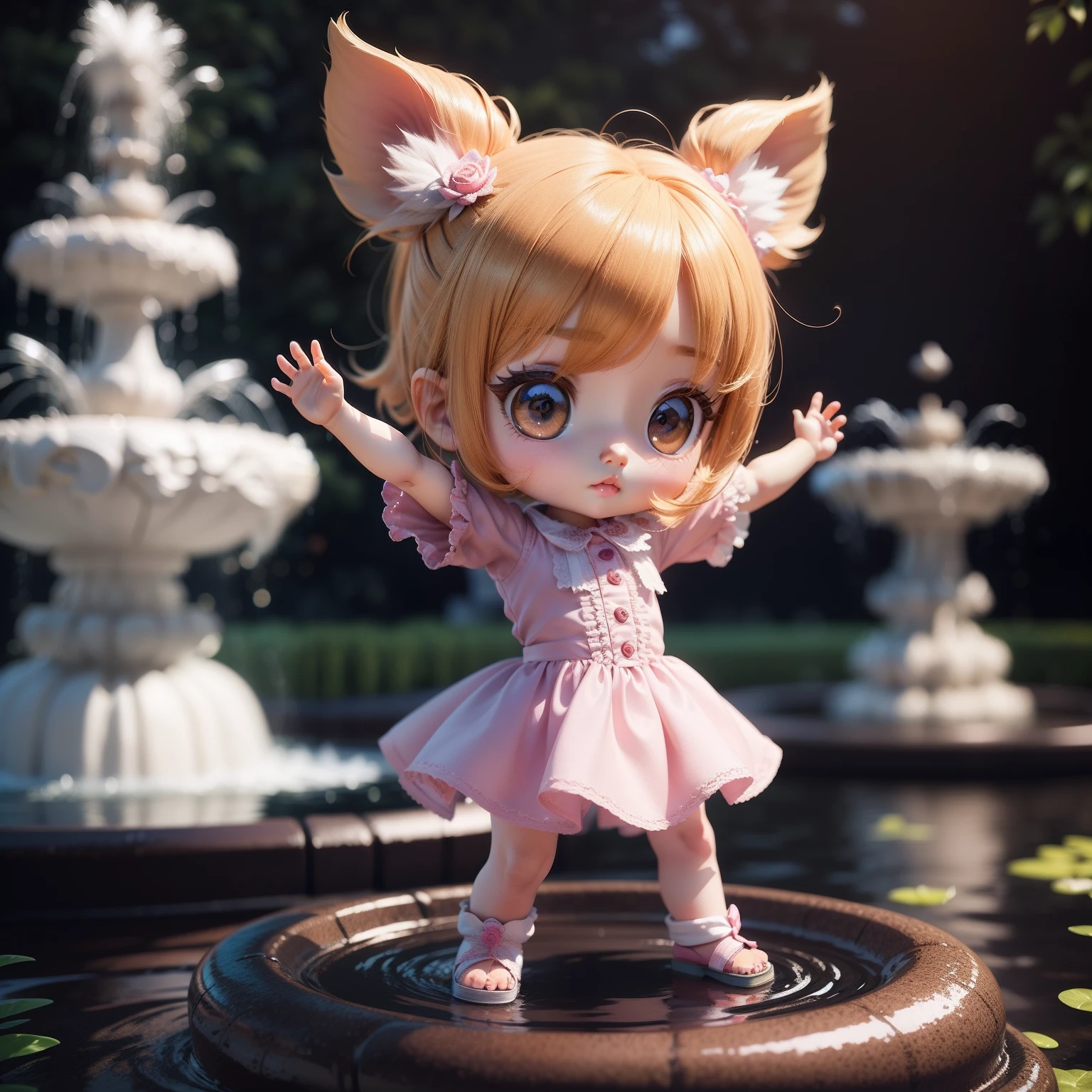 Cute Chibi Anime、(((Chibi 3D))) (Best Quality), (masutepiece)、Pork Chibi、Sharp Claw Pose、A detailed face、Standing、The background is a fountain in fairytale land、Splash