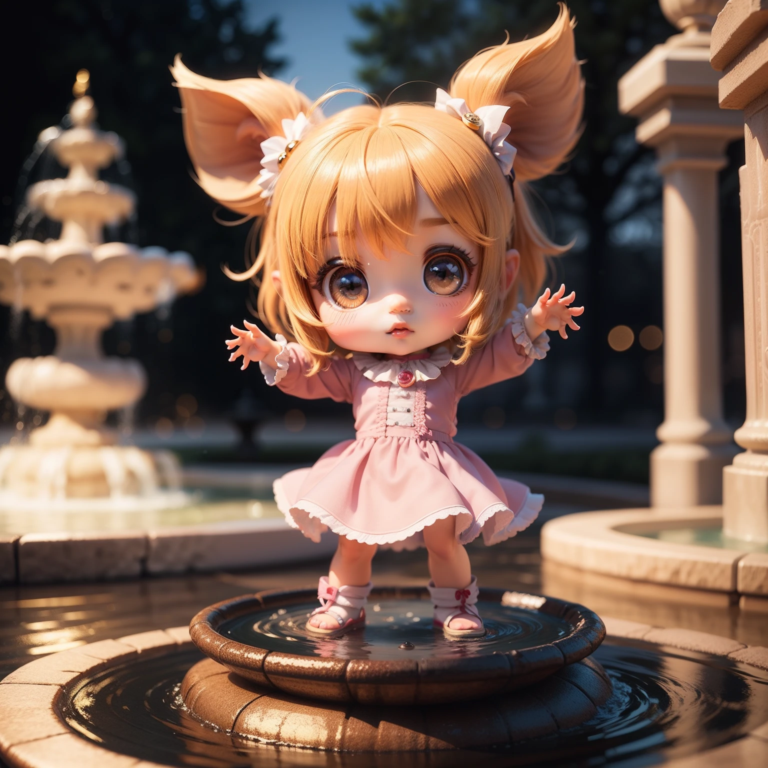 Cute Chibi Anime、(((Chibi 3D))) (Best Quality), (masutepiece)、Pork Chibi、Sharp Claw Pose、A detailed face、Standing、The background is a fountain in fairytale land、Splash