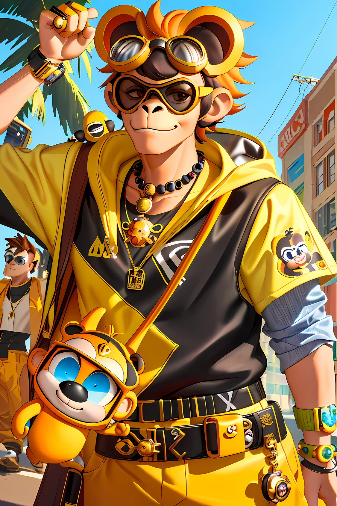 （A monkey），Cartoony，Anthropomorphic, Wear high-tech goggles，Necklace jewelry is worn around his neck, Wearing a gold ring on his finger，pixar-style, Stylish,Funky，Trendy，character  design，Figures，3d，8k，HighestQuali, High detail, A high resolution,
