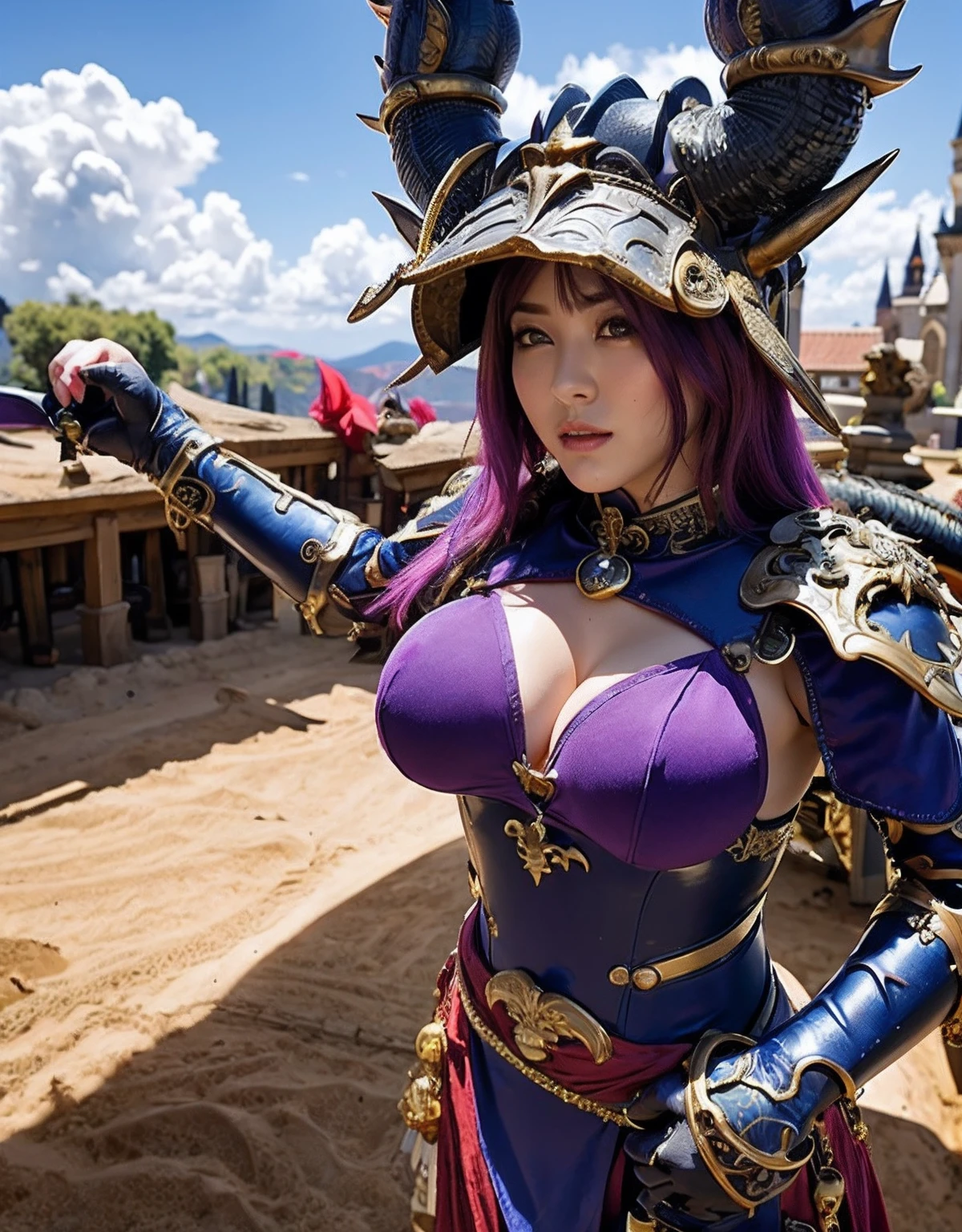 Professional , ​masterpiece、top-quality、photos realistic , depth of fields 、（Dragon Blue Metal Body:1.９),(Enamel purple、（cleavage of the breast）、Mystical expression、Dragon Gold Weapon、（Red Micro Bikini Armor:1.４),Gorgeous gold weapons ,Particles of light、（（ Dragon's dense and gorgeous sword）） , （demonic wings）、（（a blond））、（Castle background）、（（Gangle's forest background））、（（Fight dragons））、Beautiful Caucasian beauty、１a person、dynamic ungle,(((Detailed and ornate dragon helmet)))、Smaller head、A smile、Castle background、Thin and beautiful female hands、cleavage of the breast、Soldier in iron armor on background、Mystical expression、Light Effects、intense fighting、Wind-effect、magic circles、With the legendary magic wand、Dragon's tail、explosions、Anatomically correct body、