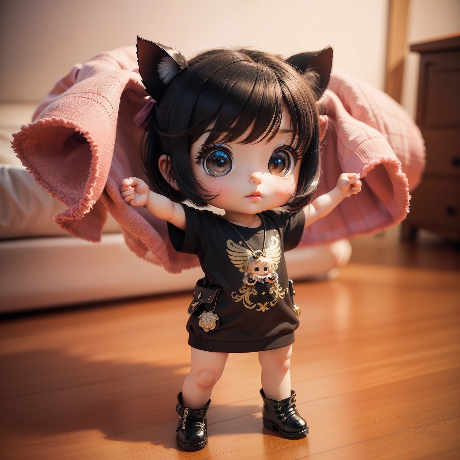 Cute Baby Chibi Anime、(((Chibi 3D))) (Best Quality), (masutepiece)、Pork Chibi、Sharp Claw Pose、A detailed face、Standing、The background is Chibi Living