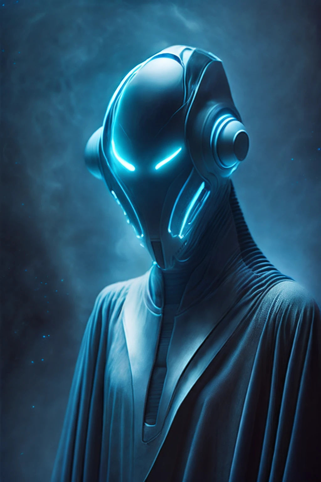 ghostly portrait of a futuristic alien from another dimension creator of the universe