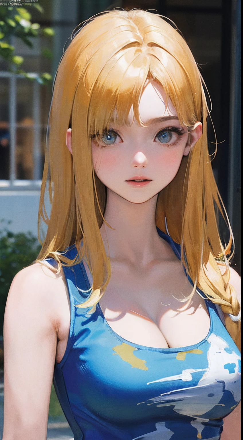 masutepiece, Best Quality, Illustration, Ultra-detailed, finely detail, hight resolution, 8K Wallpaper, Perfect dynamic composition, Beautiful detailed eyes, fitness wear, Natural Color Lip,Camouflage pattern tank top、cleavage of the breast、bangss、Yellow hair、long、