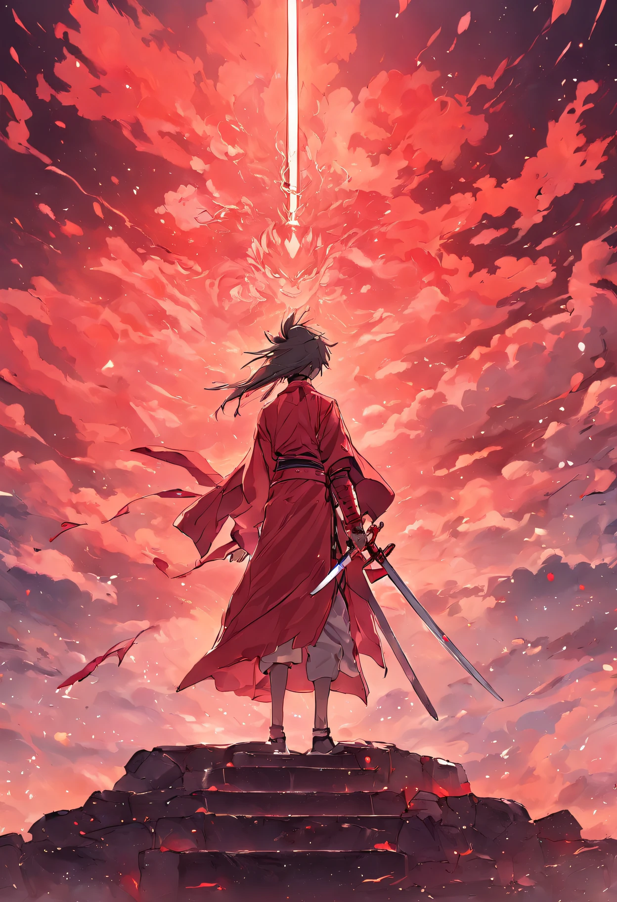 Red Swordsman，majestic-looking，Red clouds with brushes。