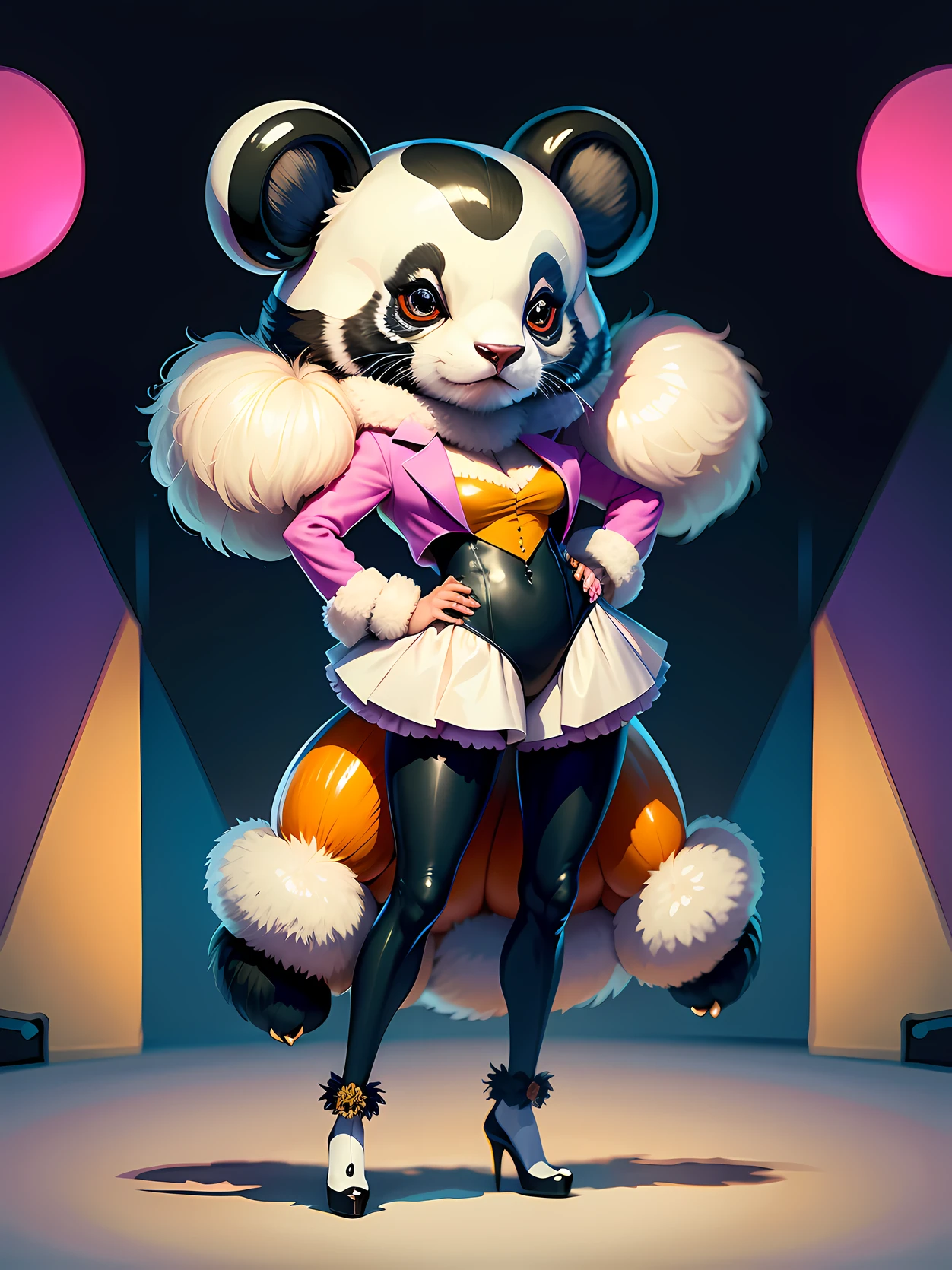 Illustrations on the theme of fashionable animals. Theme: Fashionable Animals Touch: Art Pop, Retro, Pop Art Animal: panda, etc. Scene: fashion show, Pose: Keep your poses and expressions stylish and cool. Costumes: Design stylish costumes that take advantage of the animals' personalities and characteristics. Color: Create a vibrant atmosphere with bright, vibrant colors. Walking down the runway at a fashion show.