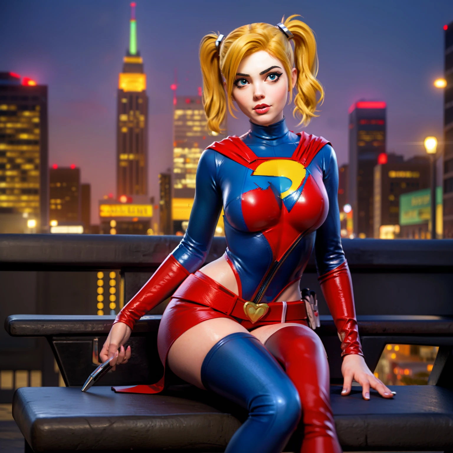 Super girl merge with Harley Quinn, sexy, sitting on bench, metropolitan background, sexy, alluring, sensual, multiple limbs