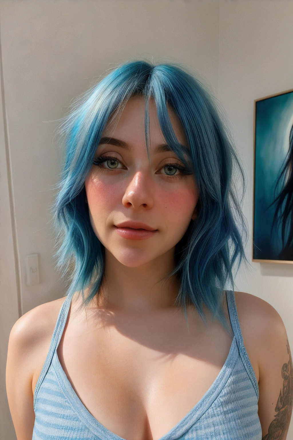 wearing (casual short revealing clothes), portrait, beautiful face, blue hair, beautiful eyes, open eyes, hyper realistic, realistic texture, natural lighting, unreal engine, trend in artstation, cinestill 800,