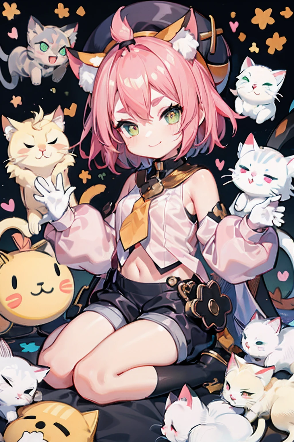  catgirl, short pink hair, yellow collar with a tie, white shirt with detached sleeves, black beret hat, black shorts, cat ears, smiling, surrounded by cats, cats and kittens, cute animas, ((cats))