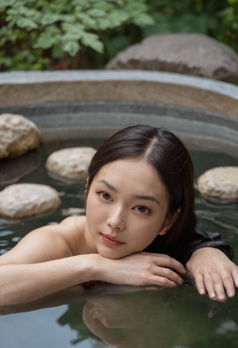 There was a woman in the hot spring pool，Flowers float on the water, Chinese hot spring, high-end onsen, Onsen, spa, Hot springs hidden in greenery, Small wellness relaxation pool, In a luxurious thermal pool, bottom angles, shaxi, bathing in a waterfall, A girl with a delicate face，Cute woman, 4K，