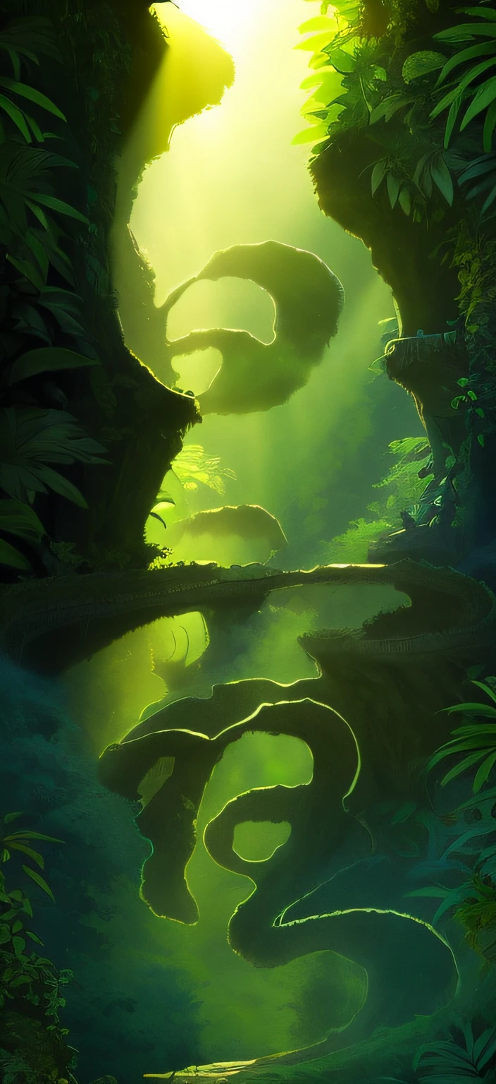 Digital illustration, Detailed and intricate, The dense jungle is full of exotic plants and animals, Sunlight shines through the canopy,Produces a mottled effect. In the style of Yoshitaka Amano and Hayao Miyazaki, Masterpiece, Proportional, Detailed, trending on artstationh, Beautiful lighting, Realistic, Intricate, Award-Awarded, 4K, Highest quality