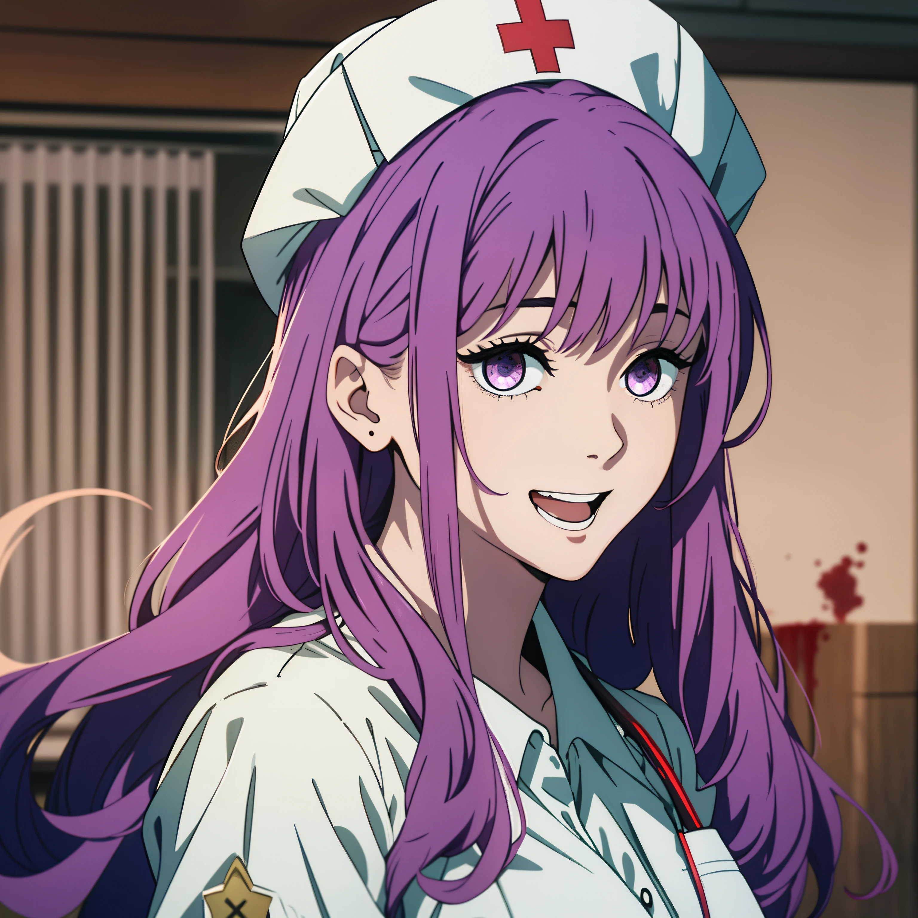 one-girl,nurses((There is a five-pointed star in the eye))Gorgeous Hair in Long Purple,Smile,Open mouth ,nurses,hospitals,White nurse clothes,White nurse hat,looki at viewer,Blood