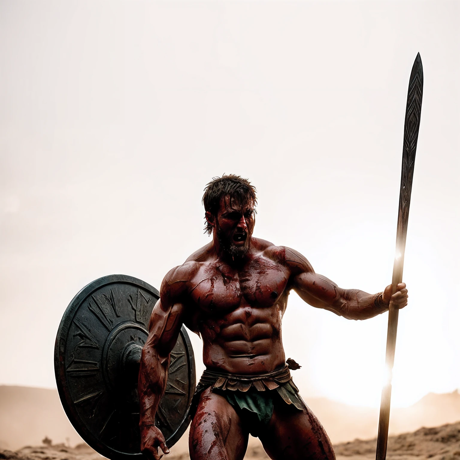 Action shot of a spartan warrior naked, muscular body, cinematic lighting, brutal, blood, dust, sweat, hyper-detailed, hd, 4k