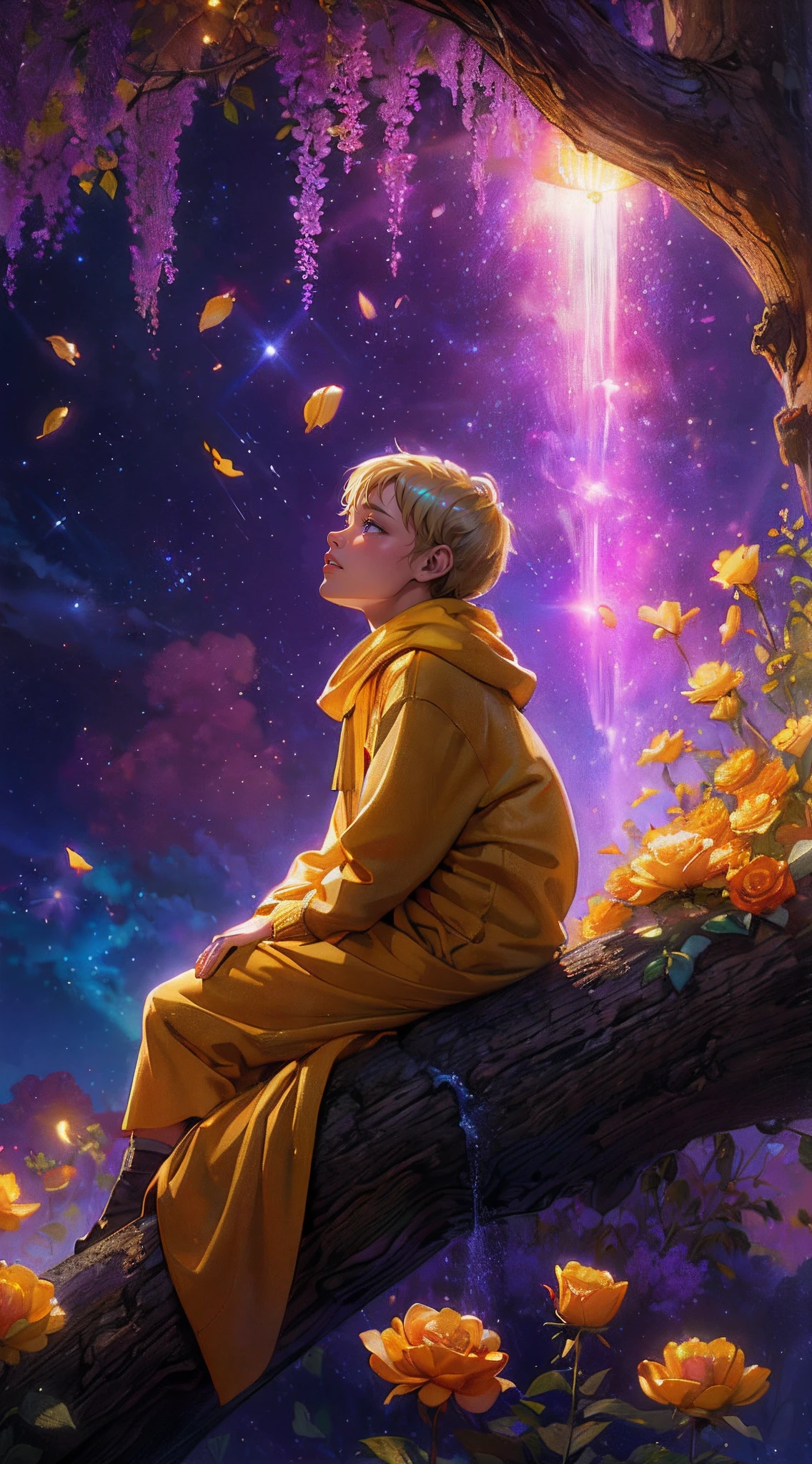 Close up, expansive landscape photograph , (a view from below that shows sky above and open field below), a little 9 years old blond boy with long sweatshirt and yellow scarf sitting on a trunk in yellow Peony flower garden looking up, ( comet:0.9), (nebula:1.2), distant Wetland, tree of life, BREAK production art, (warm light source:1.2), lamp, lot of purple and orange, intricate details, volumetric lighting, realism BREAK (masterpiece:1.2), (best quality), 4k, ultra-detailed, (dynamic composition:1.3), highly detailed, colorful details,( iridescent colors:1.2), (glowing lighting, atmospheric lighting), dreamy, magical, (solo:1.2), magical beautiful waterfall