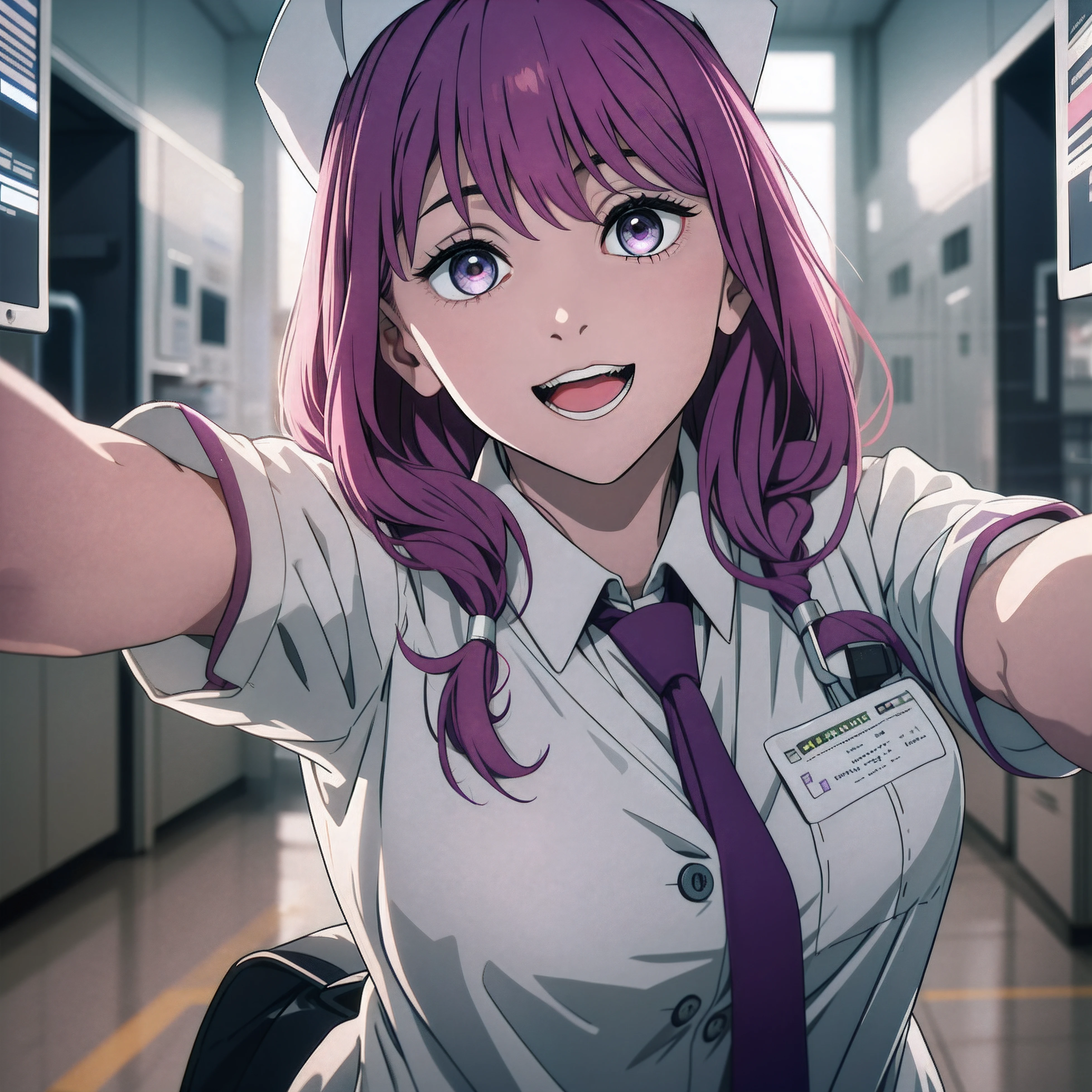 one-girl,nurses((There is a five-pointed star in the eye))Gorgeous Hair in Long Purple,Smile,Open mouth ,nurses,hospitals,White nurse clothes,White nurse hat,looki at viewer,Blood