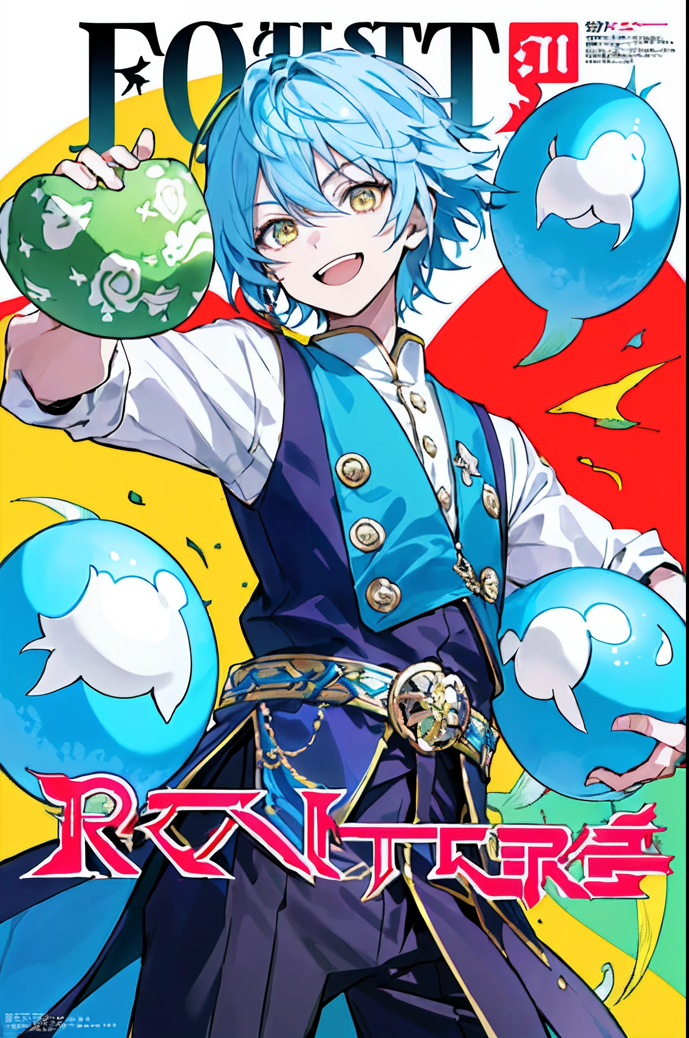 ((((fantasy))), (((Positive))), (((Intense))) The movie poster features a teenager as the central character。He stands confident in the center of the poster,Wear a fashionable and avant-garde student uniform,pupils,(shoun),blue hairs,Yellow eyes,With a happy look on his face。Monsters, ((Monster eggs)), Eggs, Fantasy world, (roleplaying)。(The background is a fantasy world role-playing game),There is a lighthearted and fun feeling。The text is bold and eye-catching,With catchy slogans,Adds to the overall drama and excitement。The color palette is dominated by bright colors,Dotted with bright colors,Make the poster dynamic and visually striking,tachi-e (Magazines:1.3), (Cover-style:1.3), Fashionab, Young boy, 1boys, vibrant, Outfit, posing on a, Front,rich colourful,Colorful,fanciful,intriguing,dyna,Background with,element in,self-assured,Expressing the,halter,statement,Attachment,A majestic,coil,Runt,Touching pubic area,Scenes,text,Cover of a,boldness,attention-grabbing,titles,Fashionab,typeface,Catchy,titles,more big,Smart、moderno、Trendy、focus-on、Fashionab、