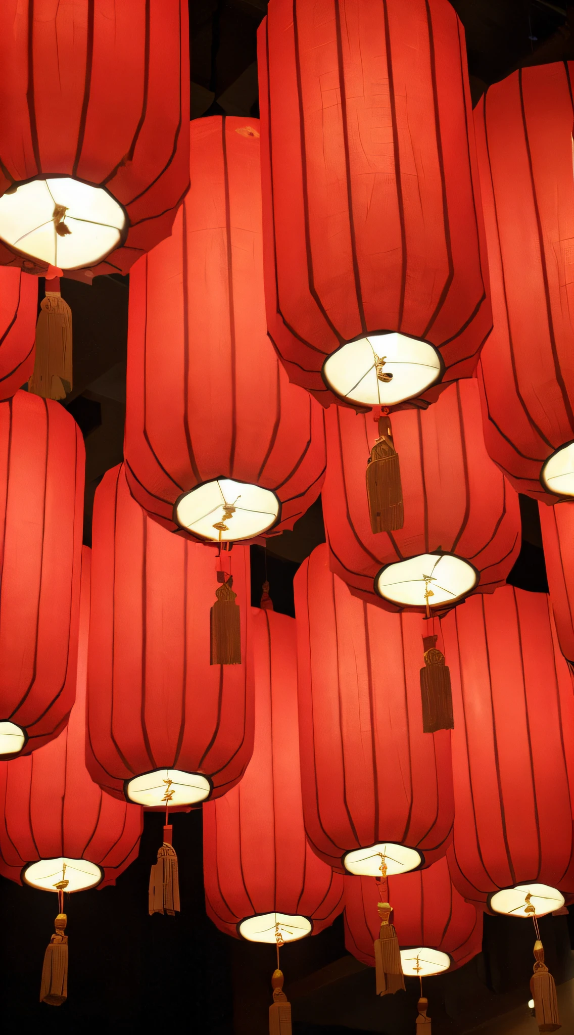 Close-up of a red lantern hanging from the ceiling, Red lanterns, Chinese lanterns, Lanterns, Chinese style, floating chinese lampoons, Hanging lanterns, Chinese traditional, Chinese New Year in Shanghai, red and white lighting, Chinese tradition, colorful lanterns, evening lanterns, lit from below with red lighting, kongming lanterns in the sky, warm lantern lighting