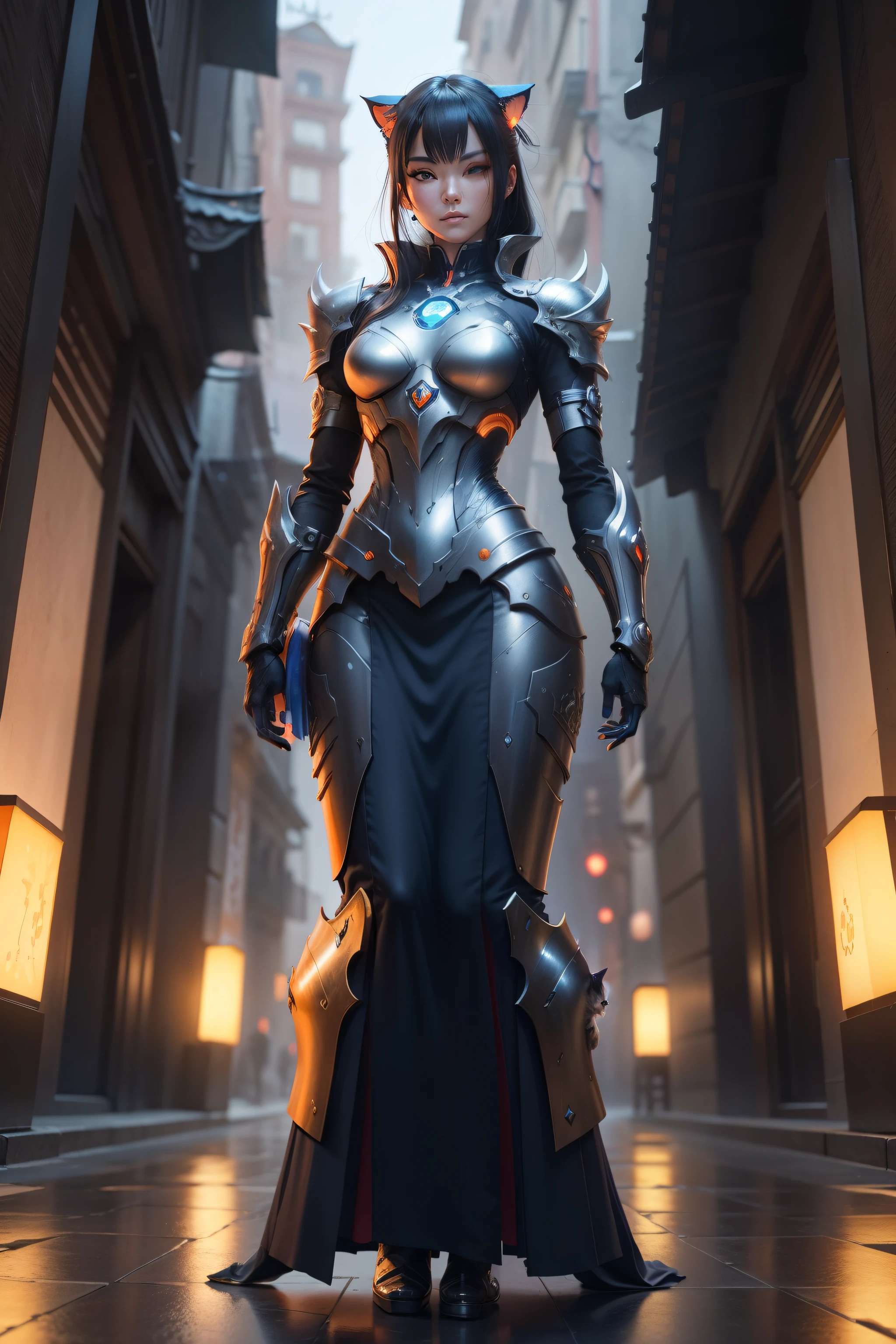 Cats but cyborgs, robot, Japanese art artifacts, Human posture, Devilish detailed face, Orange and blue mechanical gorgeous body, Futuristic robes, Gorgeous long skirt armor, Perfect publicity, full bodyesbian, Red and blue light, Stand in the ancient city of Barcelona, Rainy sky, The inner body glows ,Victor Art, highly details, 3D rendering of, A cinematic scene, Daylight, Musashibe Benkei.