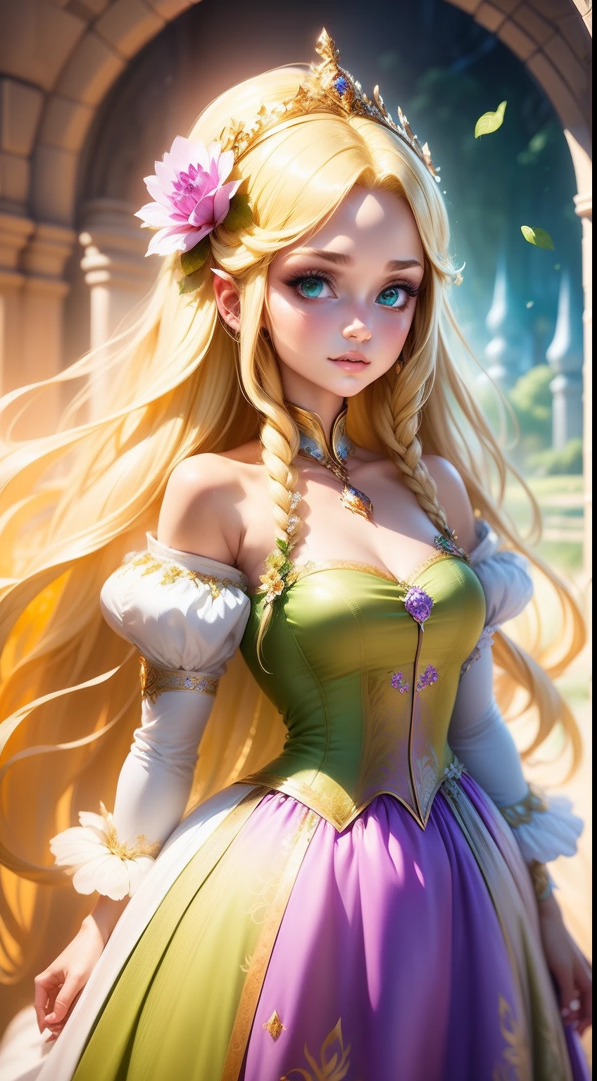 Flower Princess, Rapunzel, Beautiful, Glowing yellow glow, Long blonde hair, Green eyes, Lilac dress, Green ivy, Nice young face, Soft tan skin,Art germ,  Fantastical, intricately details, Splash screen, Complementary colors, fantasy concept art,