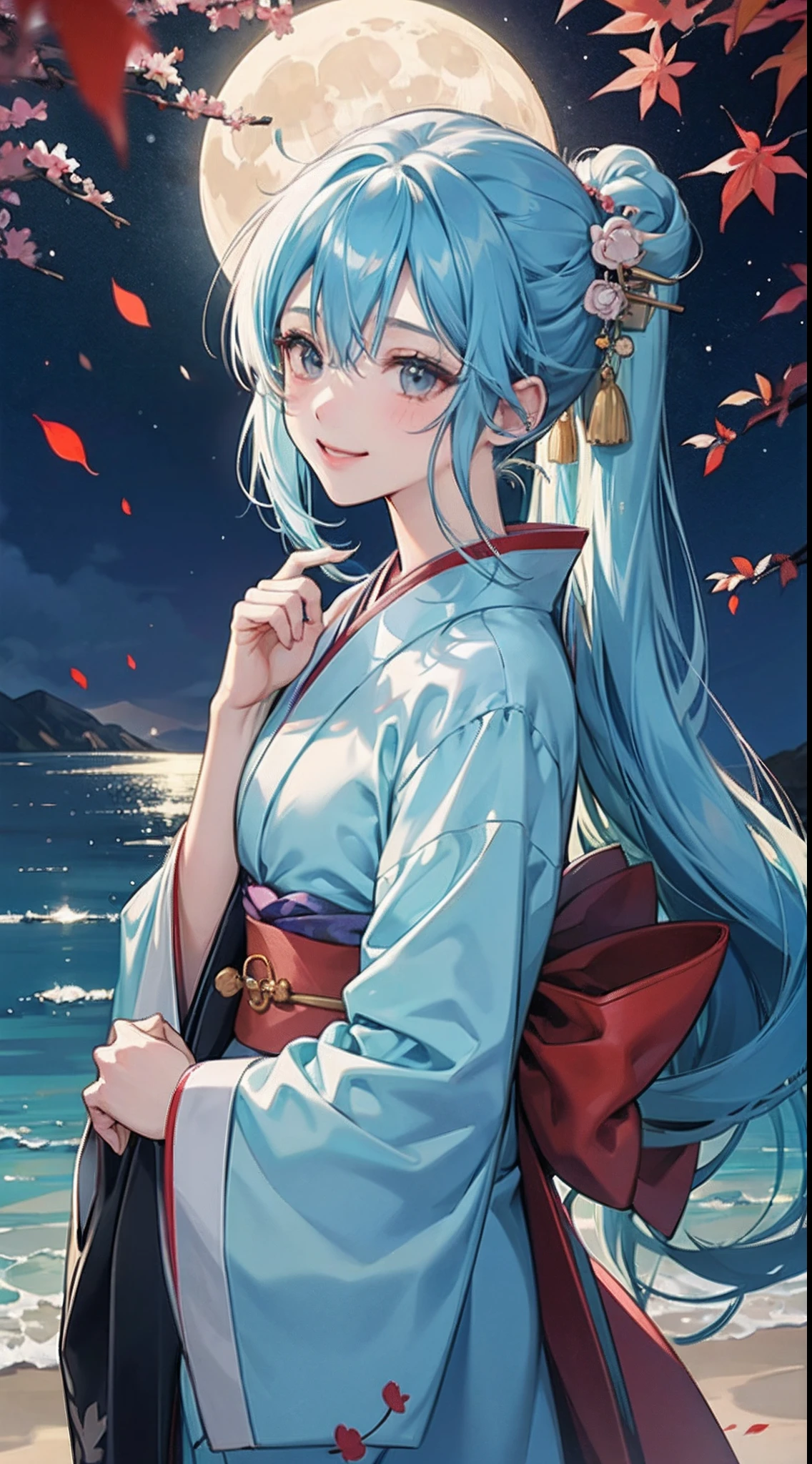 Beautiful girl alone、Sky blue hair、Long、animesque、a smile、Black eyes、独奏、Kimono、lonely、Colored leaves、natta、a moon