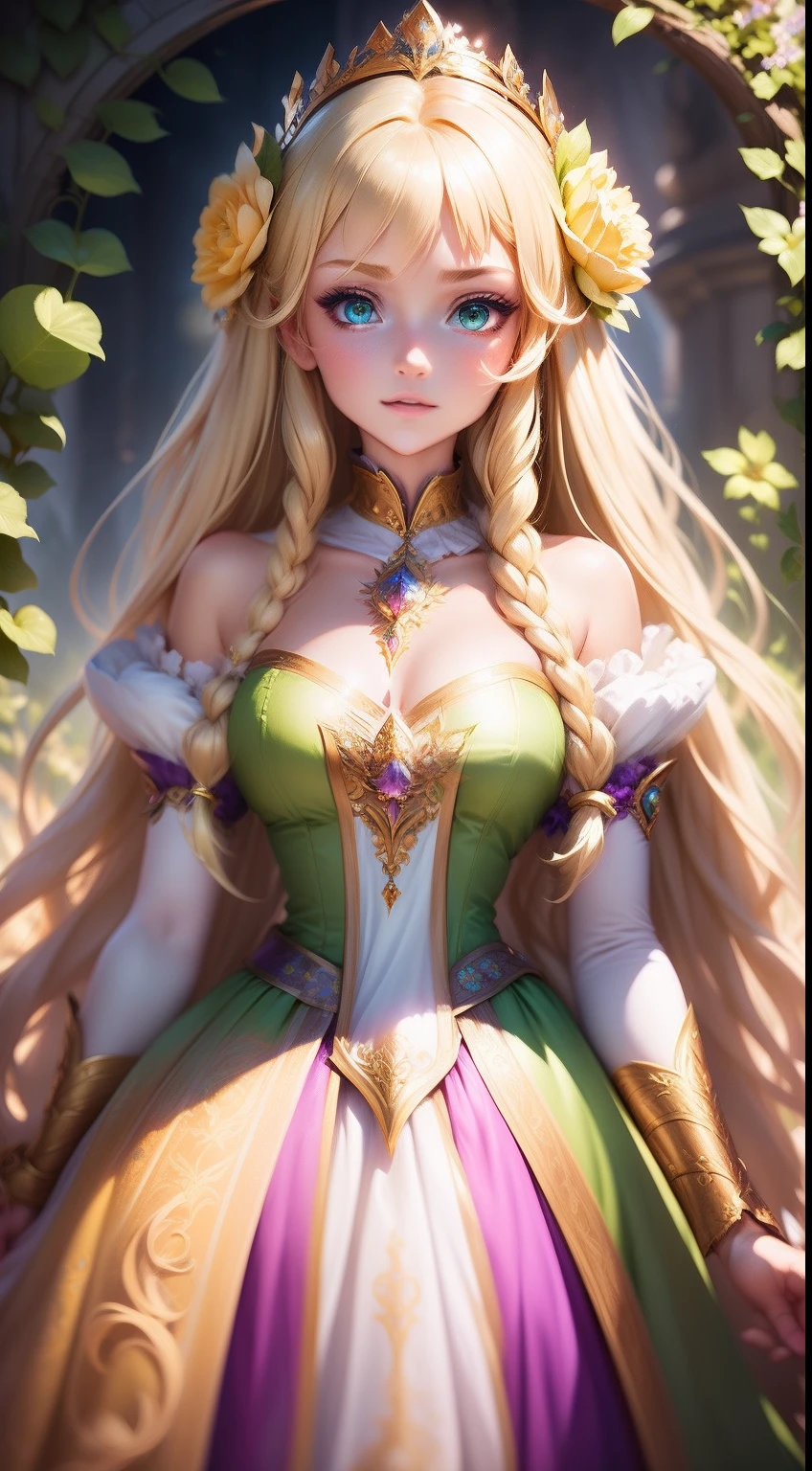 Flower Princess, Rapunzel, Beautiful, Glowing yellow glow, Long blonde hair, Green eyes, Lilac dress, Green ivy, Nice young face, Soft tan skin,Art germ,  Fantastical, intricately details, Splash screen, Complementary colors, fantasy concept art,