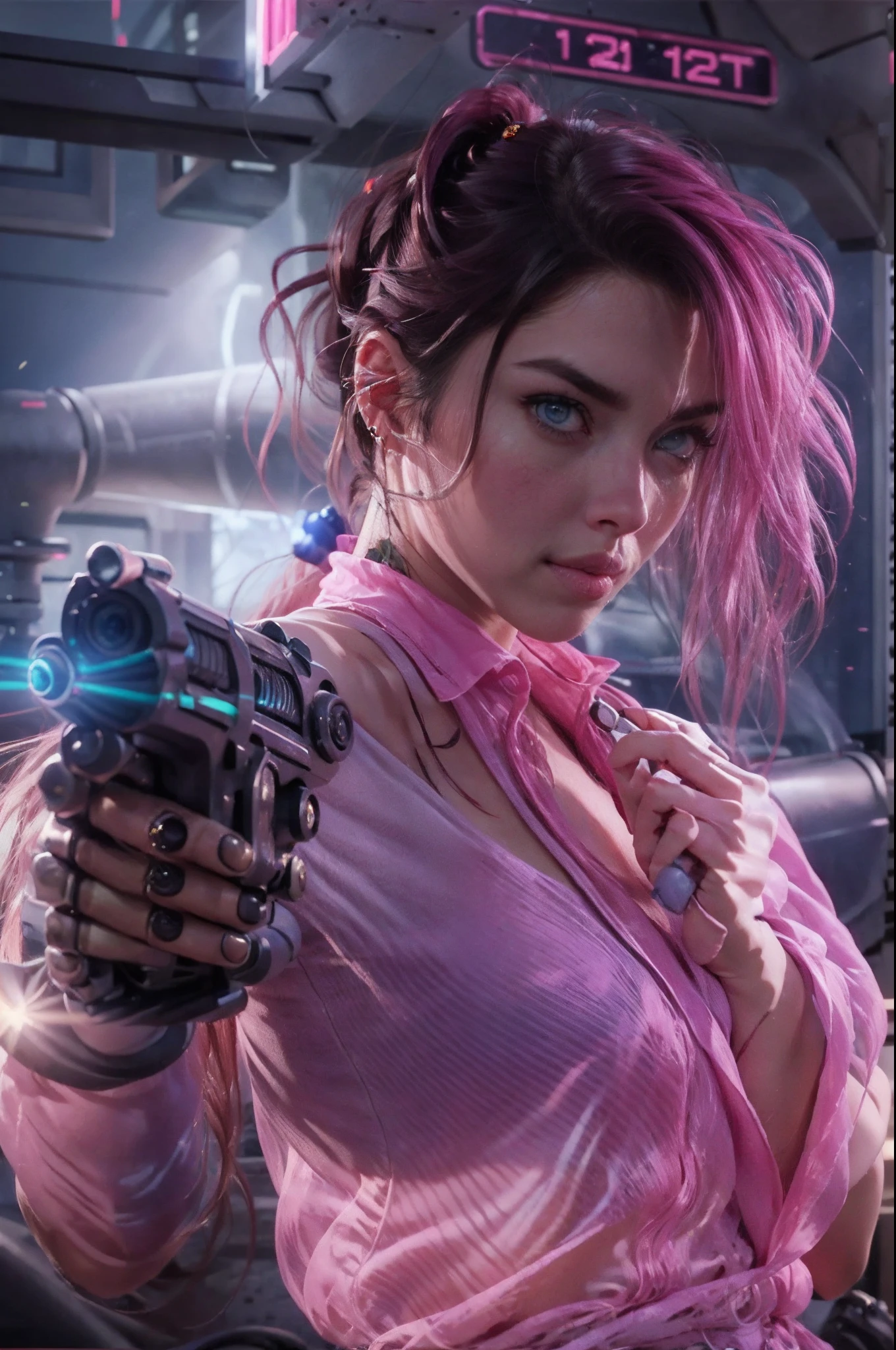 an ultra-photorealistic Super Beautiful ((Adriana Lima)) wearing only an ((blood_stained open sheer white silk_blouse)) and (((pink_underwear))) thin phisique with small , hanging out the window of a fast car reaching out with 1arm holding a gun, pointing gun at a police car with its red and blue police-lights shinning, hair flowing in wind, motion blur, sharp focus, wide angle, dramatic photo, cinematic render, photorealistic, ambient lighting, cinematic lighting, back lighting, soft lighting, reflective surfaces, indirect lighting, 3DMM, high res, 8K photo, highly_detailed face, highly_detailed hands, highly_detailed eye, by Mironishin_Story, ((wavy_hair)), Cyborgdiffusion, ((robot arm)), tattoos, cyberpunk, neon, modelshoot style, (extremely detailed CG unity 8k wallpaper), photo of the most beautiful artwork in the world, professional photorealistic picture, NIKON, Antonio Moro, trending on ArtStation, Intricate, High Detail, Sharp focus, dramatic, photorealistic, (chased by police cars:1.2), (detailed eyes:1.2), ((shooting gun:1.4)), (perfect eyes), soft color, deep shadows, dark shadows, best shadows, realistic shadows, realistic colors, realistic skin tones, realistic skin texture, realistic hair,