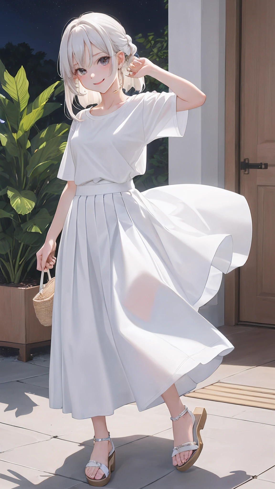 (masutepiece), (Best Quality), {girl|Lady}, Looking at Viewer, {day|Night}, {Indoors|Outdoors}, beautiful hair、white t-shirts、Long Skirt、White platform sandals、dancing, detailed face、delicate facial features、detailed skin、shiny skin、fearless smile、thin skirt
