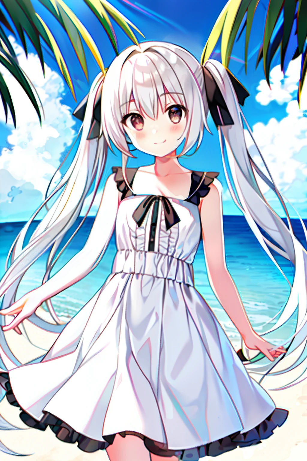 masterpiece, best quality, beach, kasugano sora, happy, bare shoulders, white dress, white hair, twintails, long hair, hair ribbon, looking at viewer