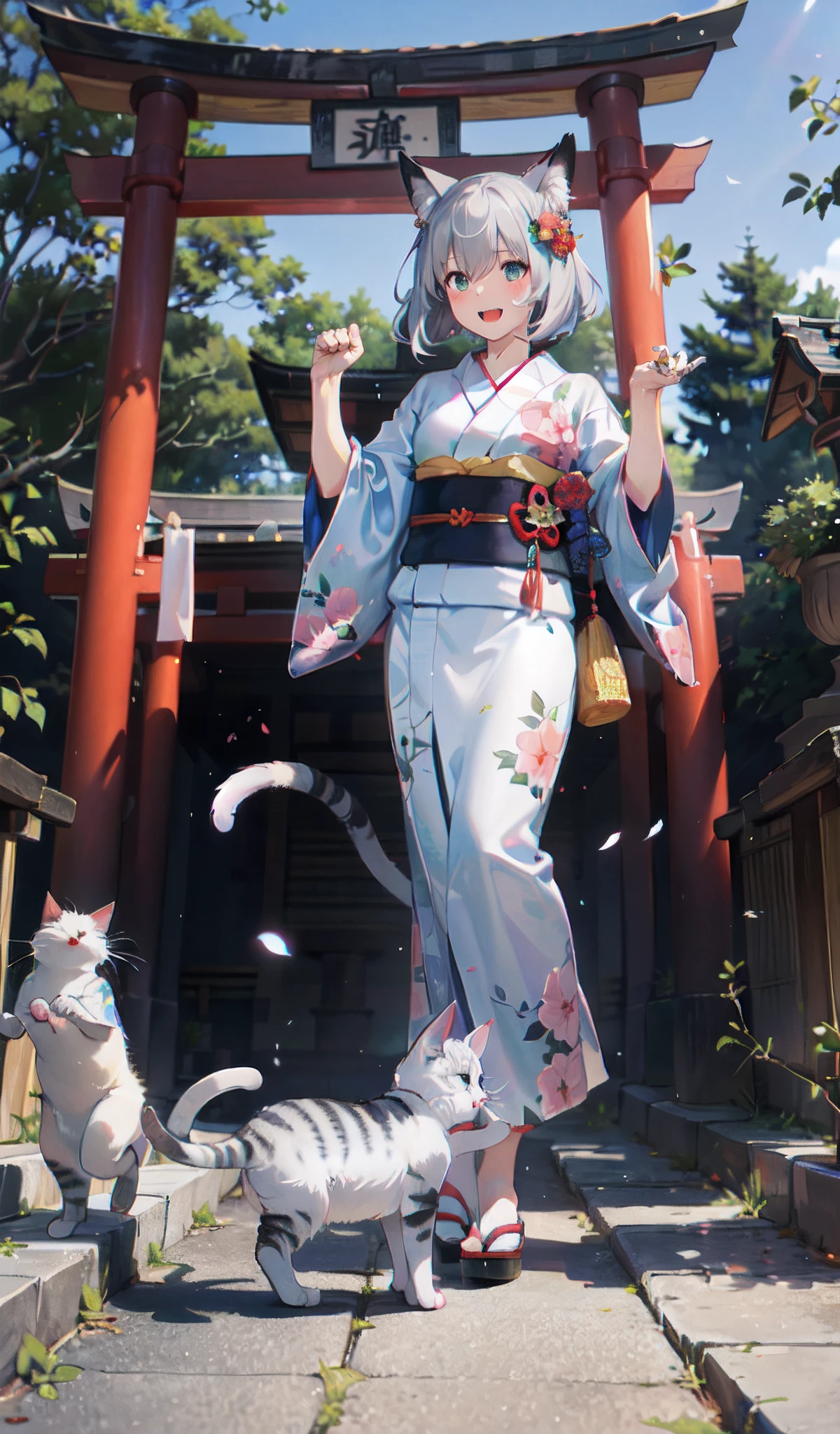 masutepiece, Best Quality, Detailed beautiful face and eyes, Full body, The best illustrations, PastelColors, (jpn、Shrine 1.4), Red torii gate, beauitful face, 20 year old beautiful girl, shinny skin, (1The tail of a cat in a book grows:1.3), Sharp pupils, Realistic pupils, Glowing gray hair, bob cuts, Eyes are yellow, fox's ears, Floral hair ornament, Opens mouth and laughs, Happy expression on face、Curve, (Kimono:1.2), facing front、paw pose