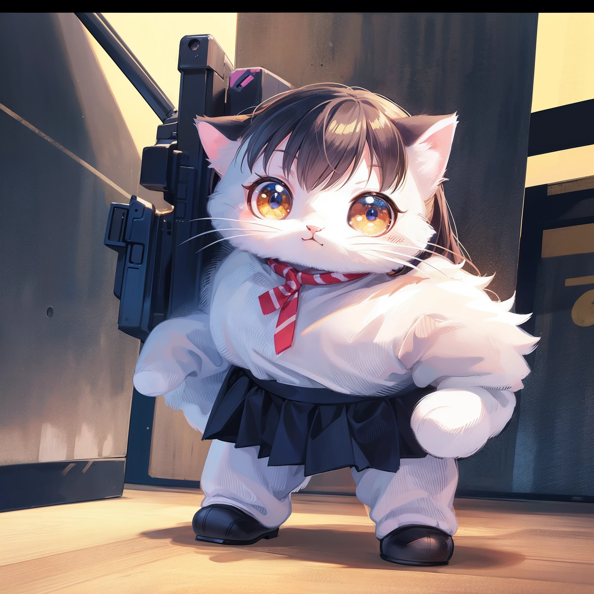 Tiny Cat standing, wearing a uniform, kawaii, chibi, tiny body, big head, Comical, ultra detailed illustration, (Best quality), (masterpiece:1.3), (photorealistic:1.36), (realistic), ultra-detailed,