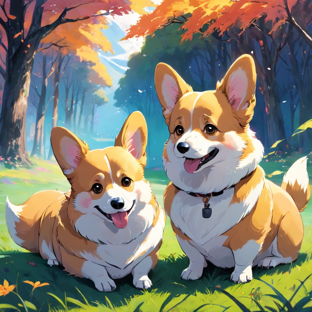 2 Corgi sitting on the grass