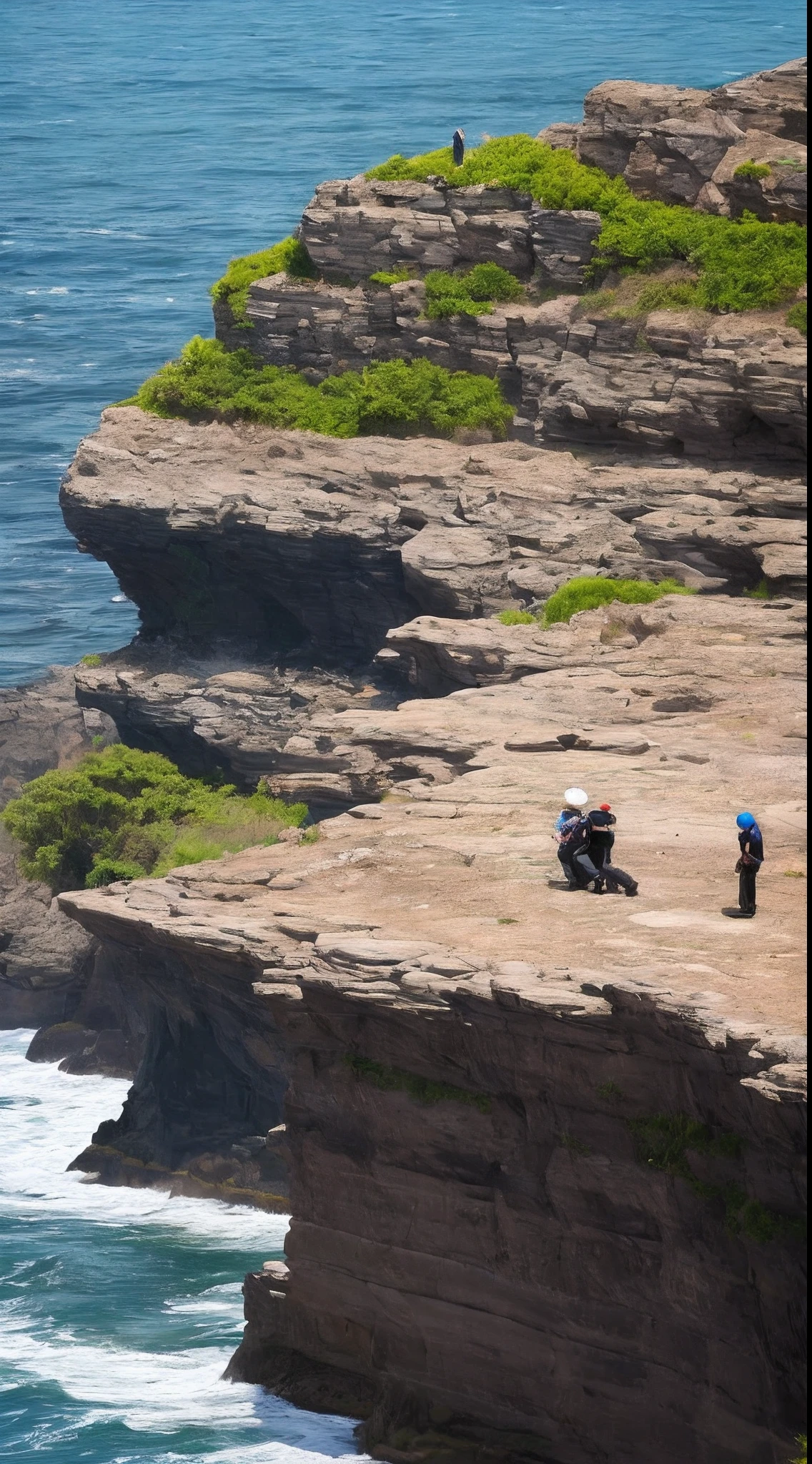 Several people beat a young man on the edge of a sea cliff,Close-up view