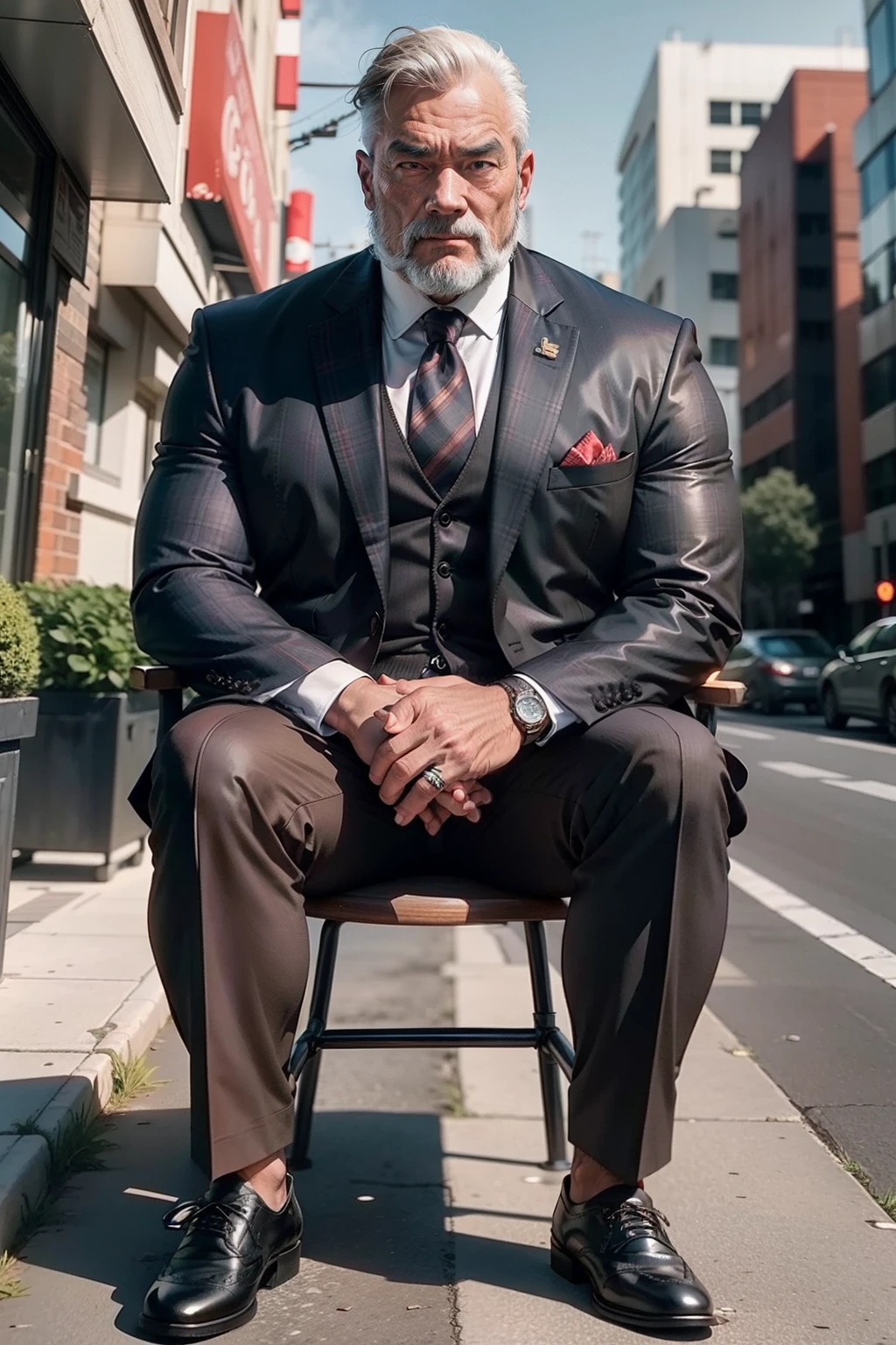 55-year-old middle-aged man,Man,grampa,Height 195,Asian people,Step on the chair,God perspective,The eyes are about to face each other,Chinese men,musculature,Lift one foot,Wearing a brown suit,Red plaid tie,black greatcoat,Black socks,Brown oxford shoes,Cord,Chains,Ferocious and ferocious,The background is outdoors,Holding a steel pipe in his hand