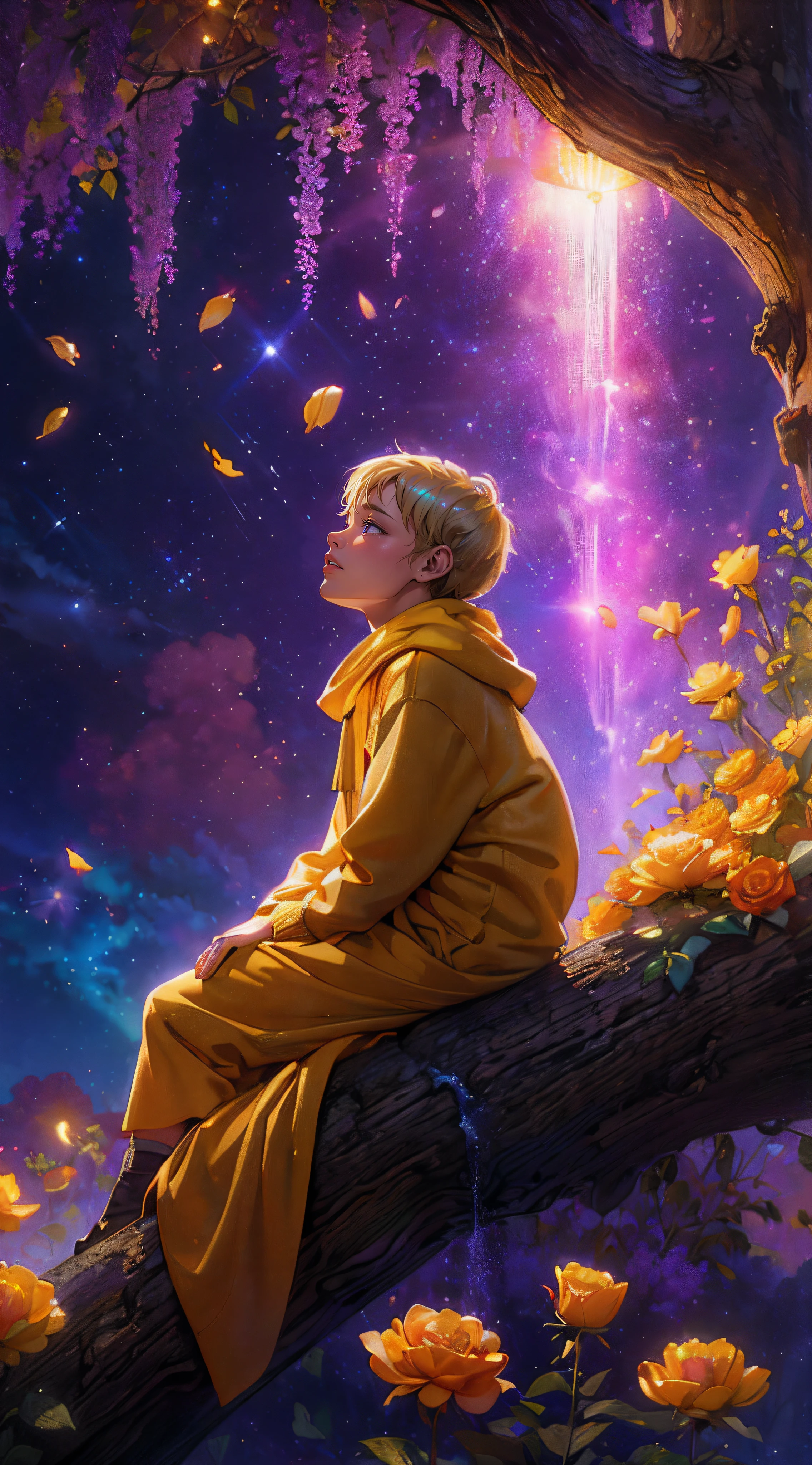 Close up, expansive landscape photograph , (a view from below that shows sky above and open field below), a little blond boy with long sweatshirt and yellow scarf sitting on a trunk in yellow Peony flower garden looking up, ( comet:0.9), (nebula:1.2), distant Wetland, tree of life, BREAK production art, (warm light source:1.2), lamp, lot of purple and orange, intricate details, volumetric lighting, realism BREAK (masterpiece:1.2), (best quality), 4k, ultra-detailed, (dynamic composition:1.3), highly detailed, colorful details,( iridescent colors:1.2), (glowing lighting, atmospheric lighting), dreamy, magical, (solo:1.2), magical beautiful waterfall