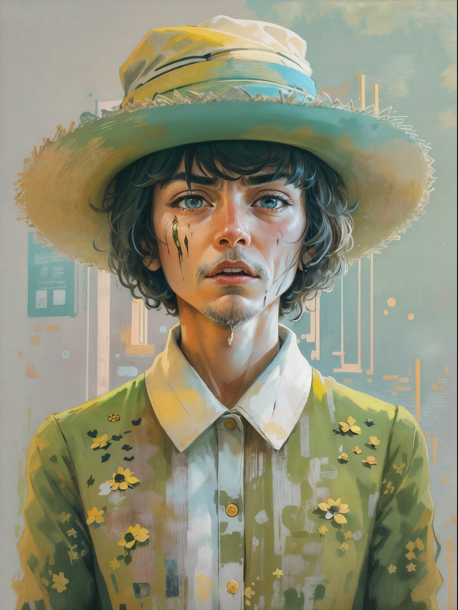 ((Best quality)) , ((Masterpiece)) , (Detailed) , Annoyed wild thin man (1 female, whitewing, Dirty:1.3) , pastel artwork, , skiing, Wearing intellectual moss Oaxaca Whippir, Brunette hair with bangs, Disco era witch hat, At sunset, split diopter, screen print, shameless, voxels art, Circular polarizer, Alabaster tones, Sloppy strokes, ,8K resolution