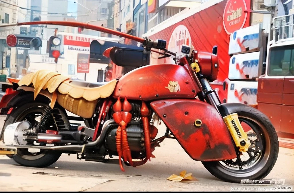 Close-up of a motorcycle,There is a big bird in the back, that looks like a insect, lobster themed armour, Dali Lobster Phone, lobster, custom scooter, Jordan Peterson as Lobster, cosplayer dressed like a crab, crustacean, Detailed. insect like, cockroach, steampunk stag beetle