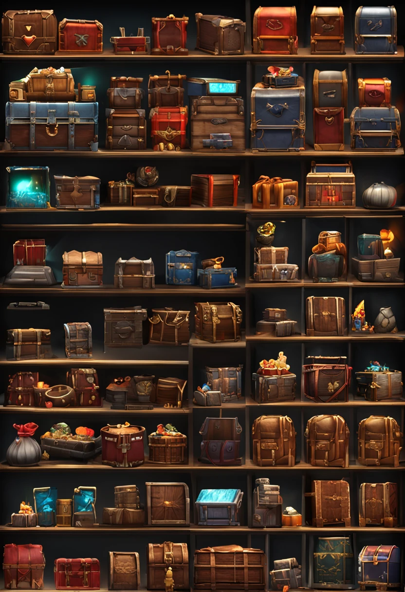 Three complete game chests game icons, first-person view, perspective, chiaroscuro, sparkle, reflection light, ray tracing, drop shadow, stereogram, high quality, best quality, textured skin