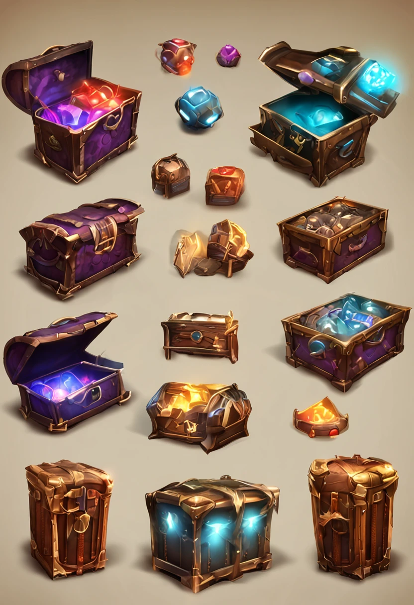 Three complete game chests game icons, first-person view, perspective, chiaroscuro, sparkle, reflection light, ray tracing, drop shadow, stereogram, high quality, best quality, textured skin