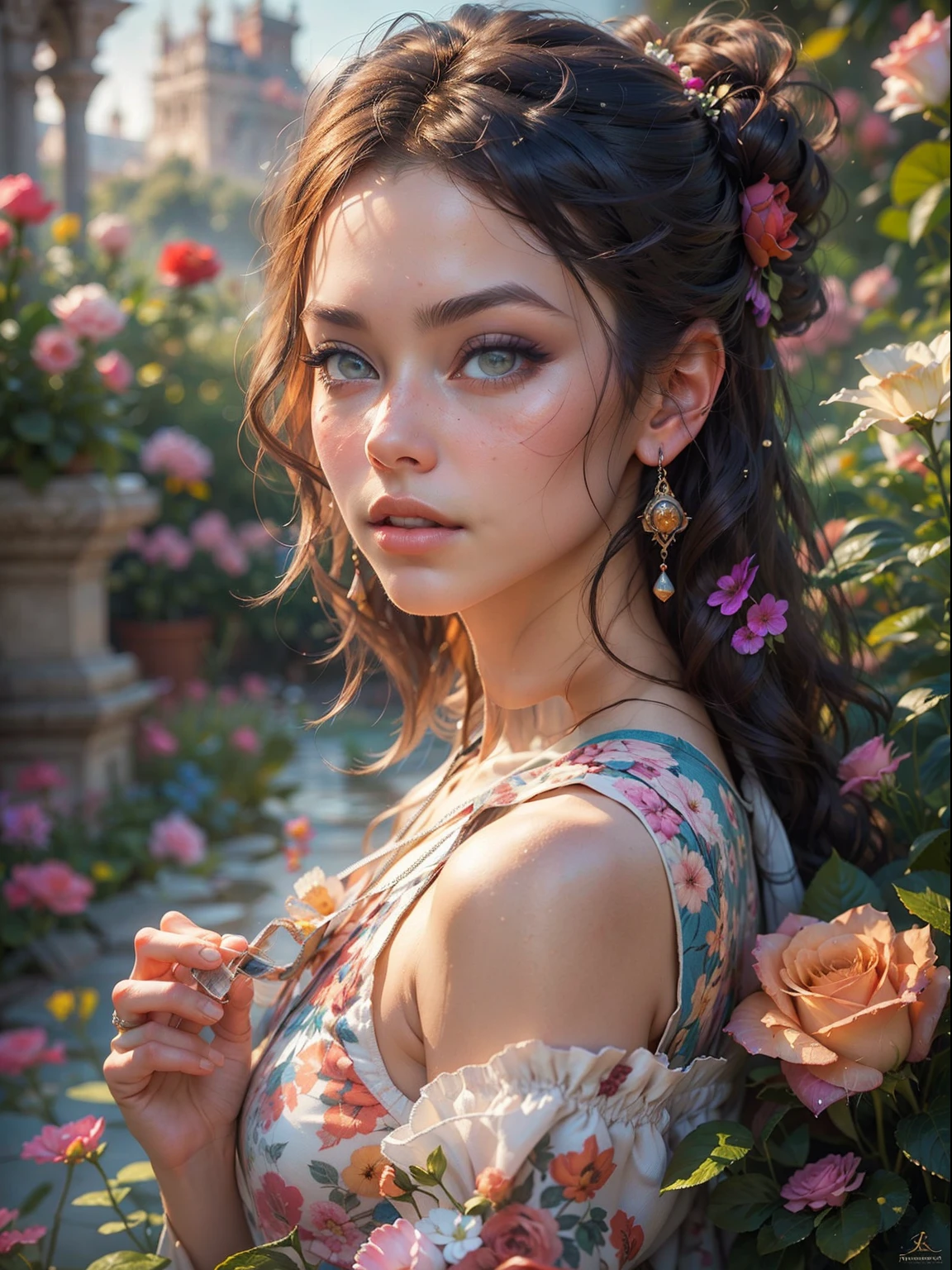 This artwork is colorful,mind blowing,There is a lot of action and visual interest. Generate a strong and proud woman,Wear a printed swimsuit,Sit and drink afternoon tea. Her eyes are beautiful,Realistic shadows,Her face is very delicate。. significant: Her eyes matter,It should be the highest resolution, Extremely detailed, and awesome, Available in a wide range of colors and shades. Colorful rose garden in the background . The photo is gorgeous,detail-rich. Including fantasy details, Enhanced detail, rainbowing, Colorful sparkling wind. Pay special attention to her face,Make sure it's beautiful and realistic details. 8K, Intricate, elegant, Highly detailed, Majestic, Digital photography, Art by Artgerm and Ruan Jia and Greg Rutkowski, (Masterpiece, fine detailed beautiful eyes: 1.2), hdr, Realistic skin texture, llight rays, ornate flowers, dewdrops, Sunlight, Hazy sunlight, estilo FlowerGateway, Castle, Palace, Archway, Flowers, Growing