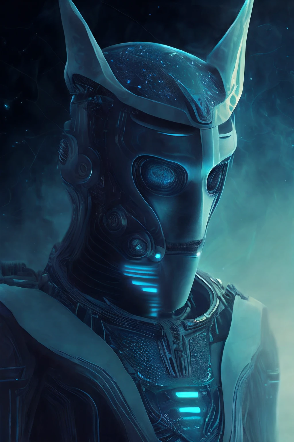 ghostly portrait of a futuristic alien from another dimension creator of the universe