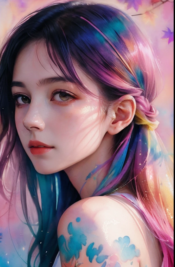 (8k, best quality, masterpiece:1.2),(best quality:1.0), (ultra highres:1.0), watercolor, a beautiful woman, shoulder, hair ribbons, by agnes cecile, half body portrait, extremely luminous bright design, pastel colors, (ink:1.3), autumn lights,