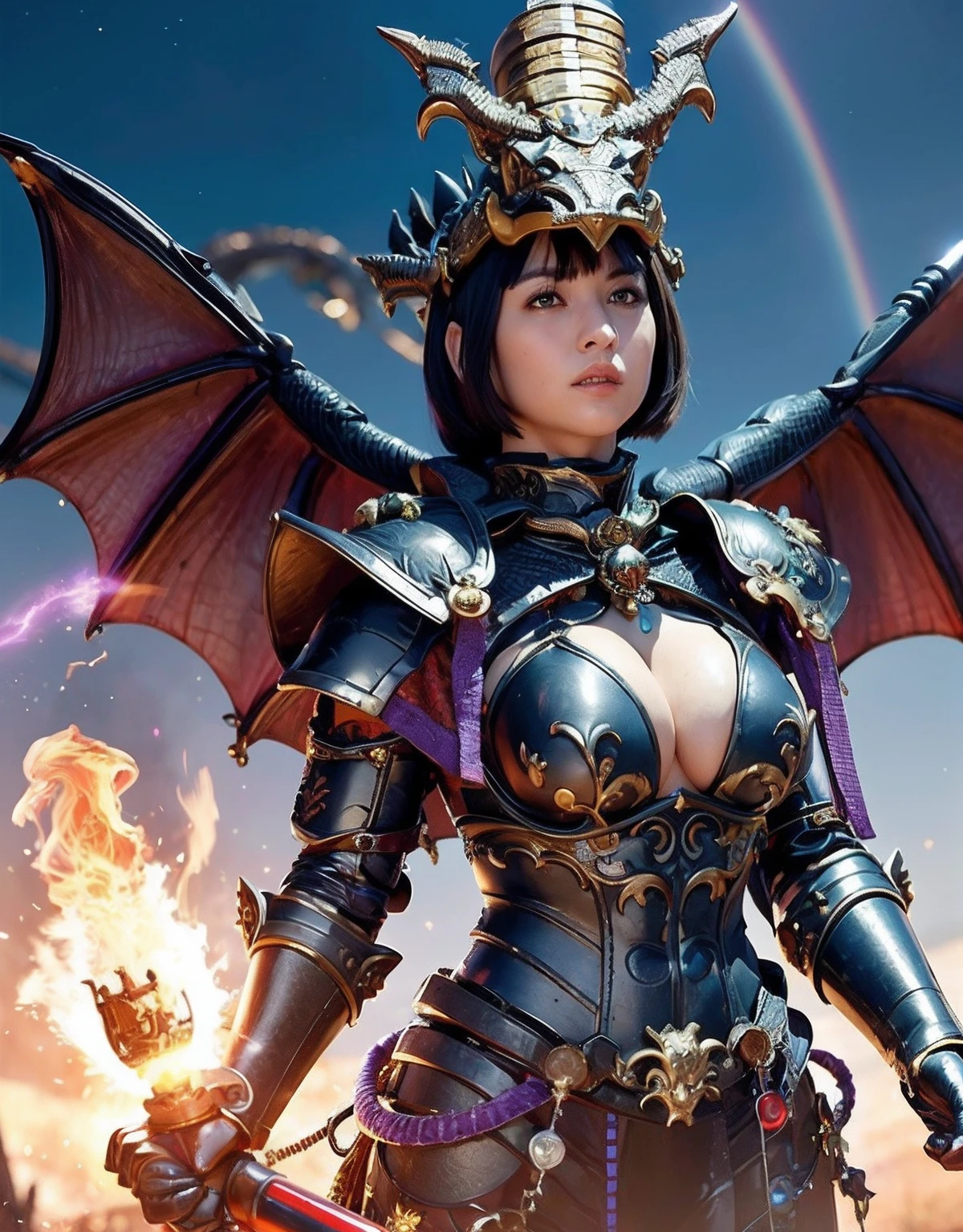 Professional , ​masterpiece、top-quality、photos realistic , depth of fields 、（Dragon Blue Metal Body:1.９),(Enamel purple black、（cleavage of the breast）、Mystical expression、Dragon Gold Weapon、（Red Micro Bikini Armor:1.４),Gorgeous gold weapons ,Particles of light、（（ Dragon's dense and gorgeous sword）） , （demonic wings）、（（a blond））、（Castle background）、（（Gangle's forest background））、（（Fight dragons））、Beautiful Caucasian beauty、１a person、dynamic ungle,(((Detailed and ornate dragon helmet)))、Smaller head、A smile、Castle background、Thin and beautiful female hands、cleavage of the breast、Soldier in iron armor on background、Mystical expression、Light Effects、intense fighting、Wind-effect、magic circles、With the legendary magic wand、Dragon's tail、explosions、Anatomically correct body、