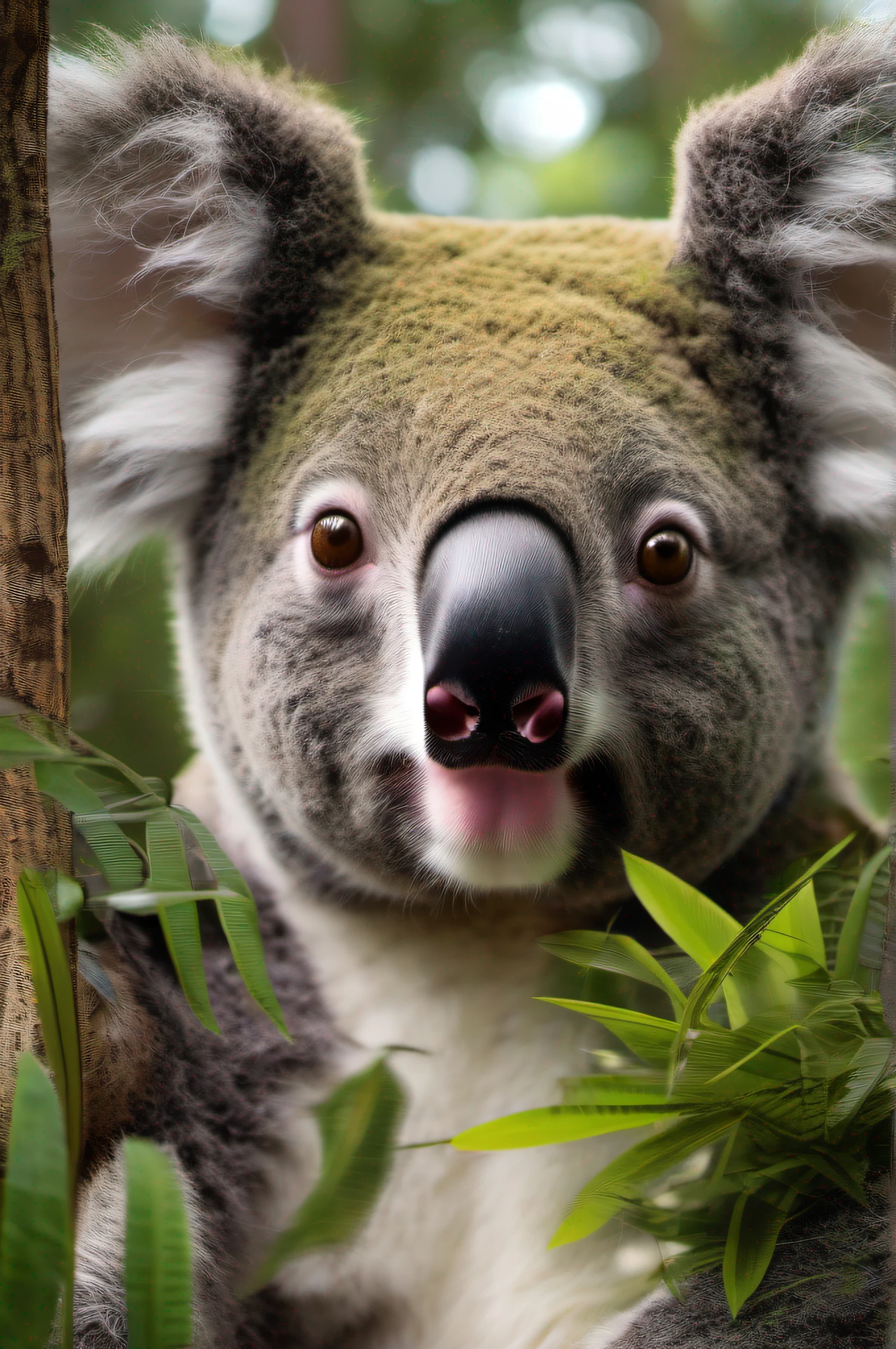 High nation-geographic symmetrical close-up portrait shoot in green jungle of an expressive Koala, anamorphic lens, ultra-realistic, hyper-detailed, green-core, jungle-core –ar 16:9 –q 2 –v 5 rtx on --ar 73:128 --s 750 --v 5. 2