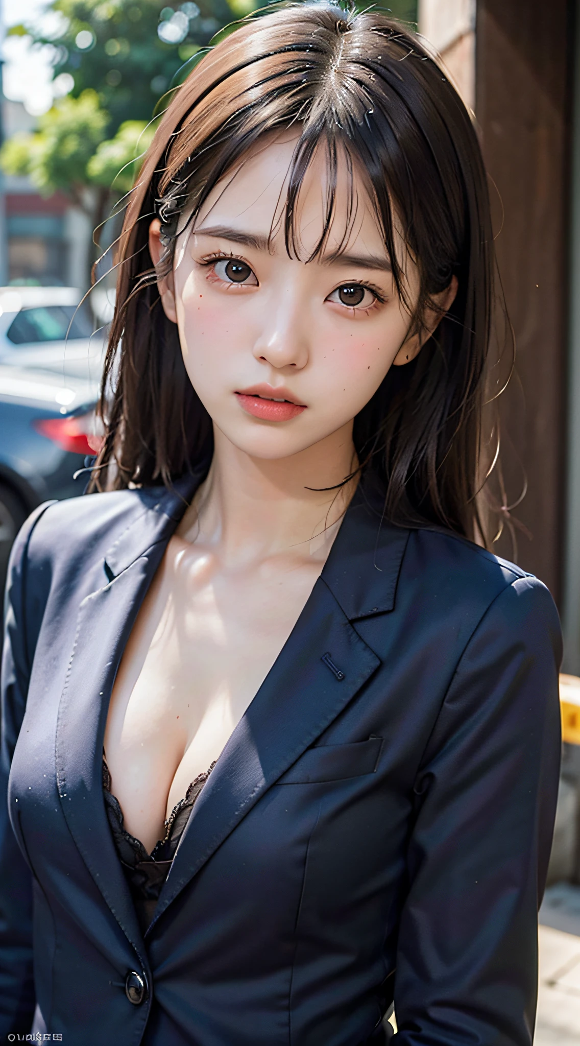 (masutepiece, Best Quality:1.2), 8K, 85 mm, Official art, Raw photo, absurderes, violaceaess, rosaceaess, gardeniass, Beautiful Girl, Pretty Face, close up, Upper body, Cinch West, Black Tailored Suit, Suit jacket, V-neck shirt, Looking at Viewer, (cleavage:0.7), Large breasts, Film grain, chromatic abberation, Sharp Focus, face lights, clear lighting, Detailed face, (Bokeh background:1.2), cleavage
