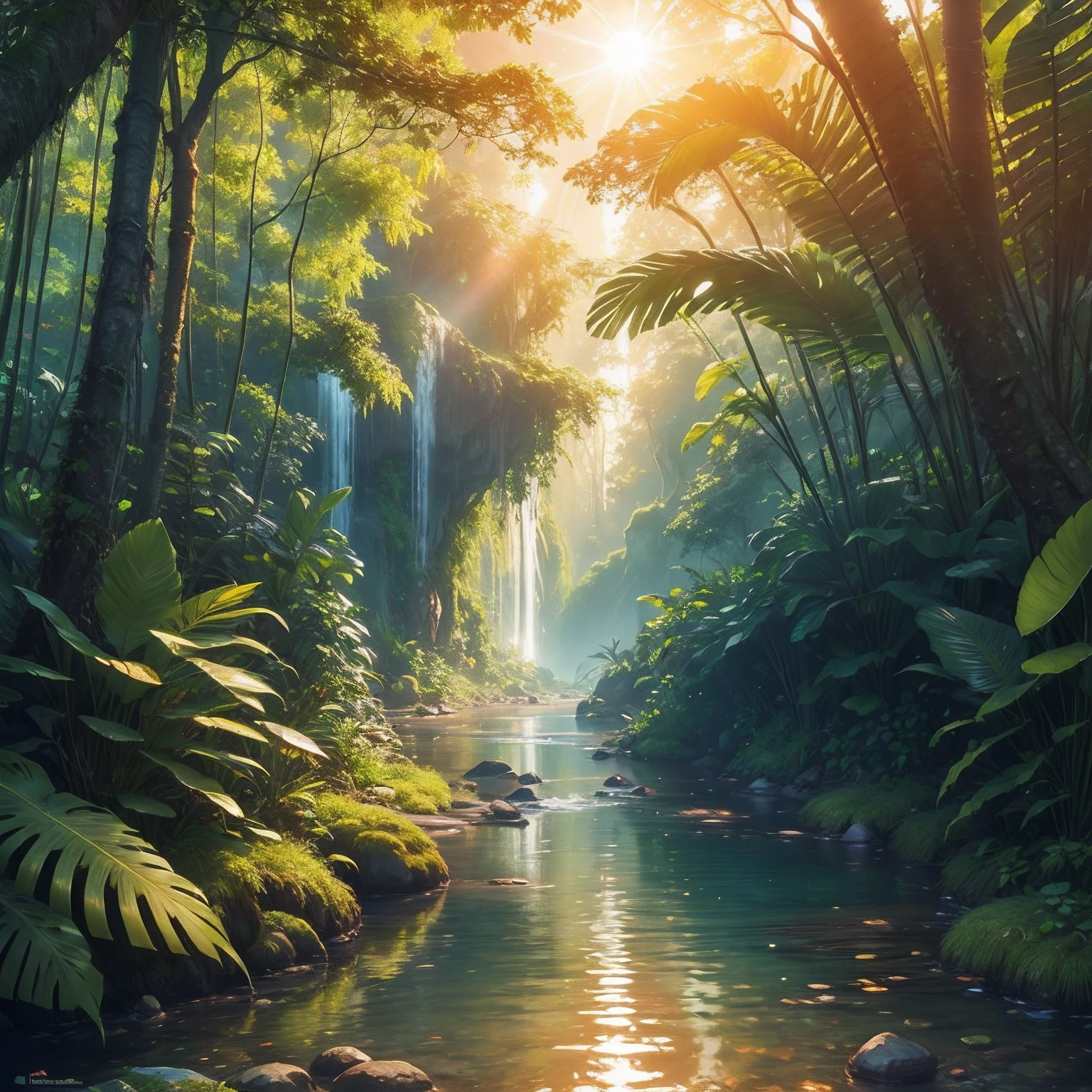 A rainforest with little river in a sunset, crystal-clear water, plants, flowers, colorful, wildlife, 8k realistic photography, surrealism, cinematic ultra lighting, athmospheric, printable --auto